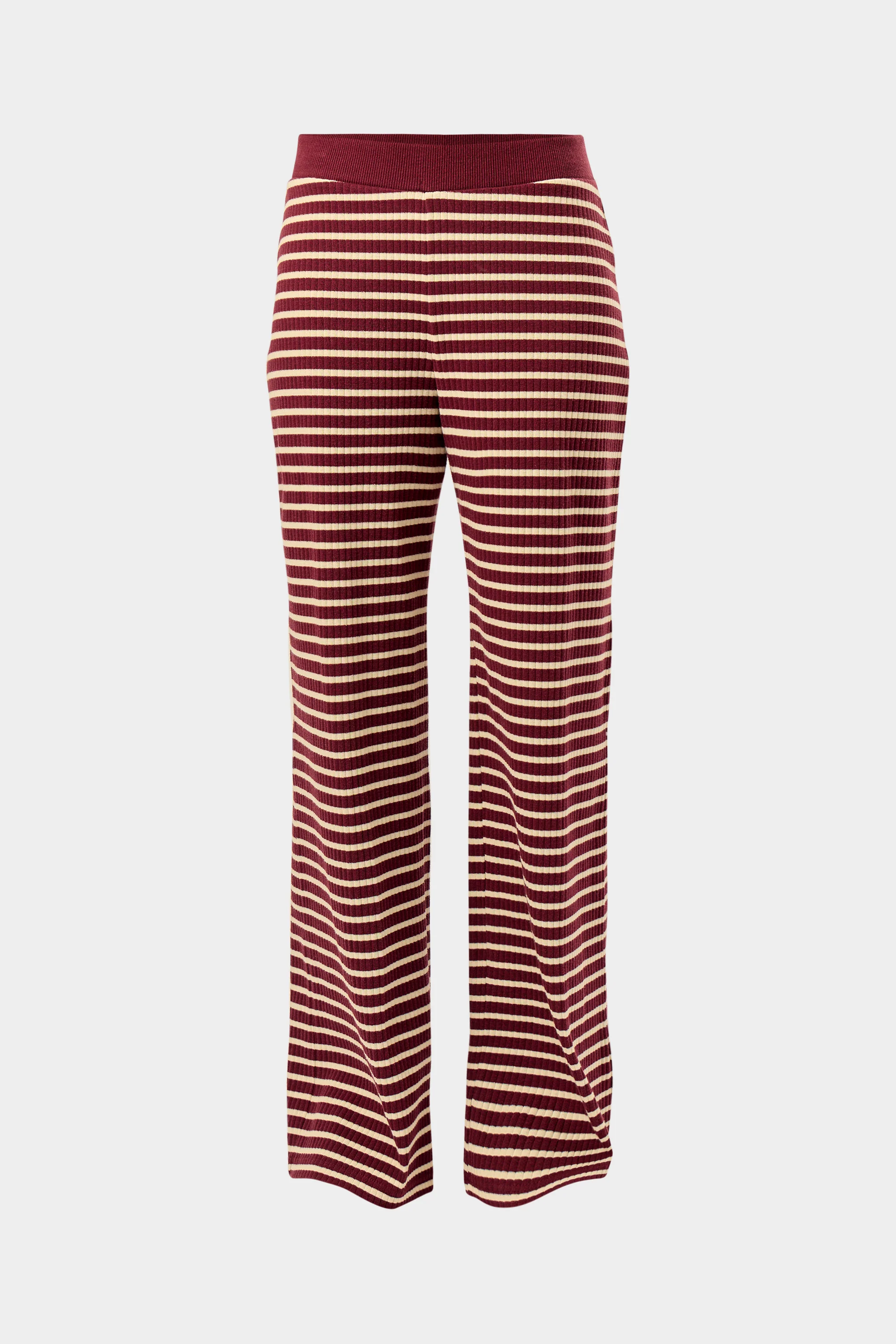 Kaiia Stripe Ribbed Wide Leg Trousers Dark Cherry & Cream - Image 7