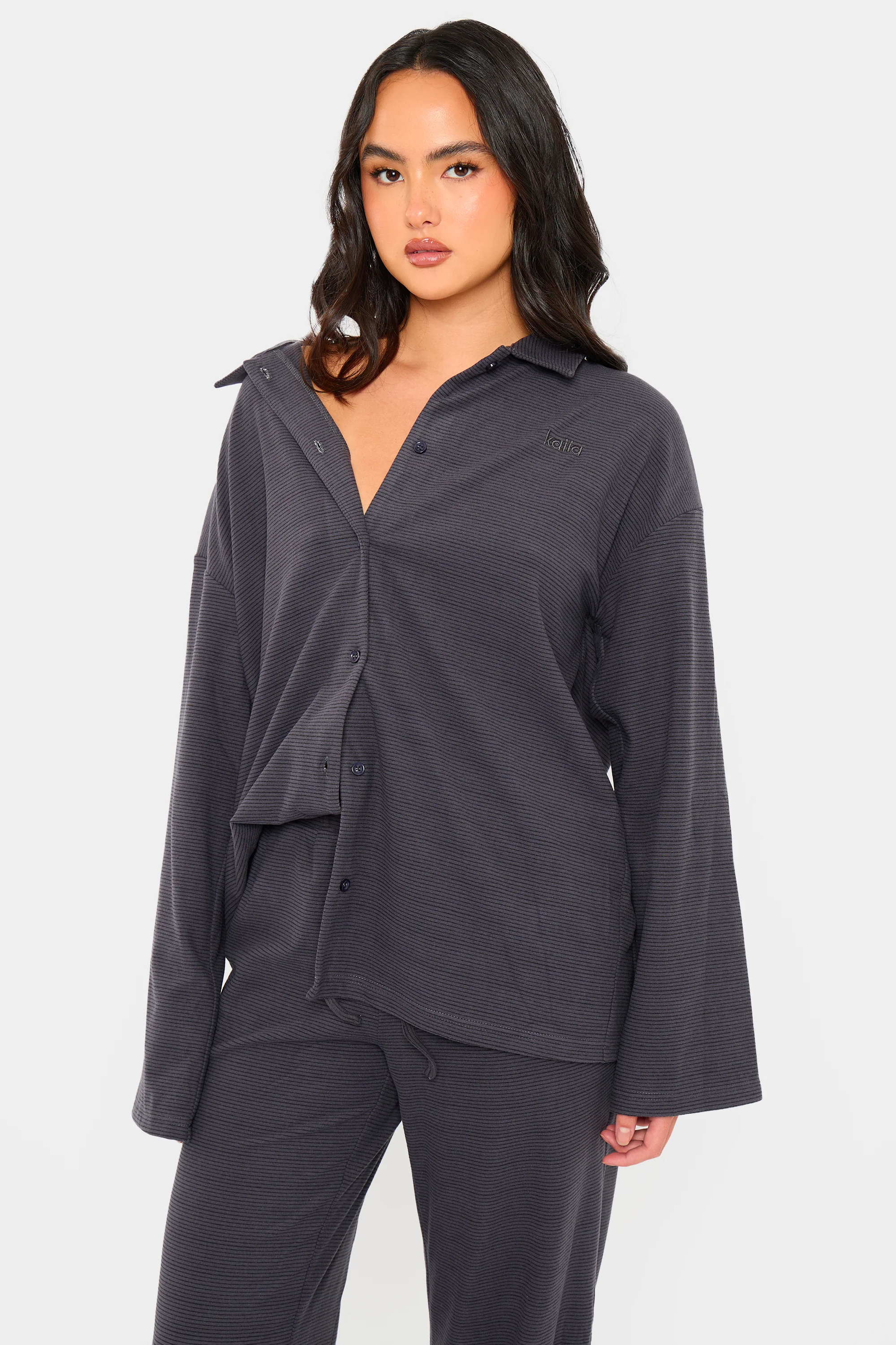 Kaiia Striped Fleece Button Down Shirt Navy & Black