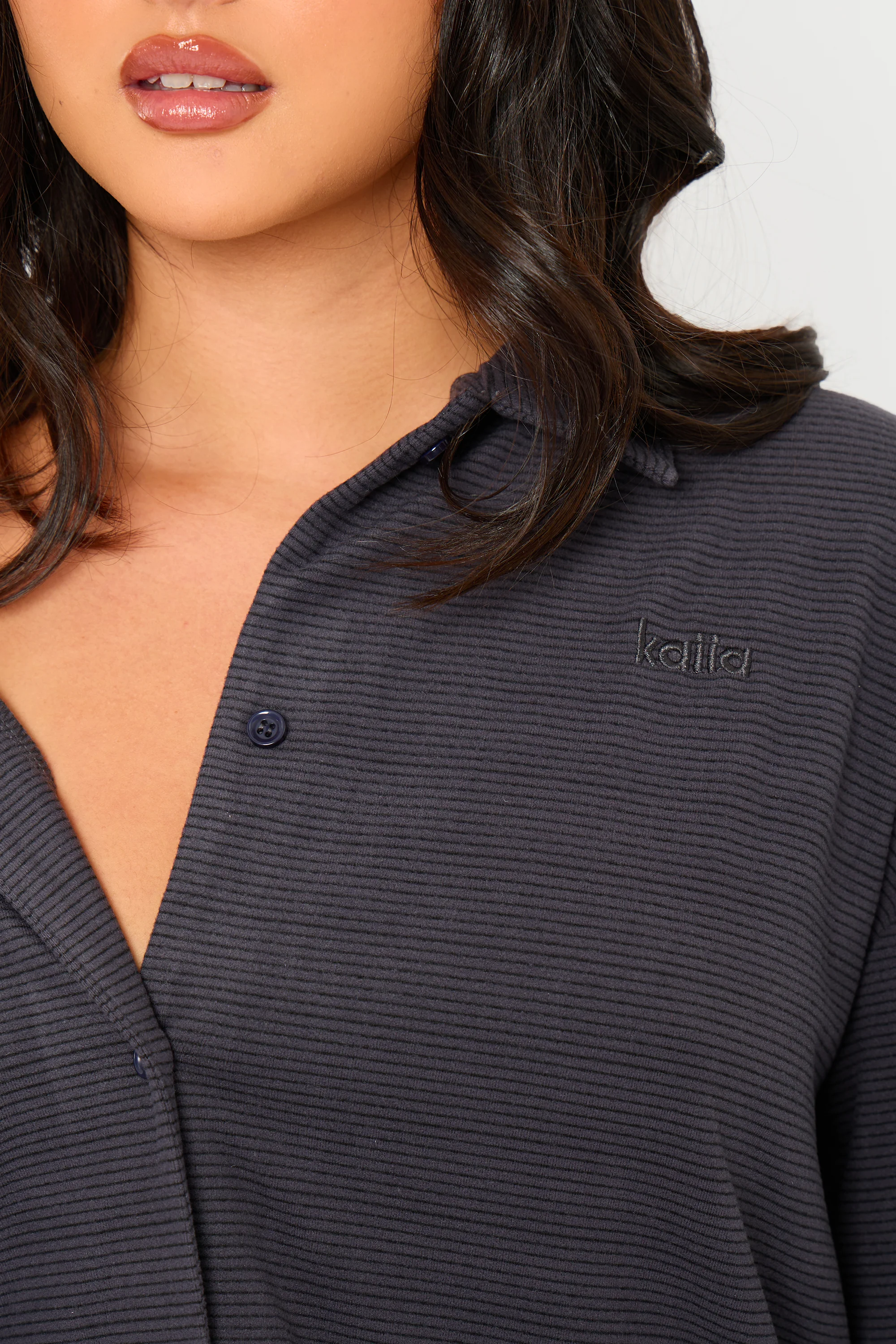 Kaiia Striped Fleece Button Down Shirt Navy & Black - Image 2