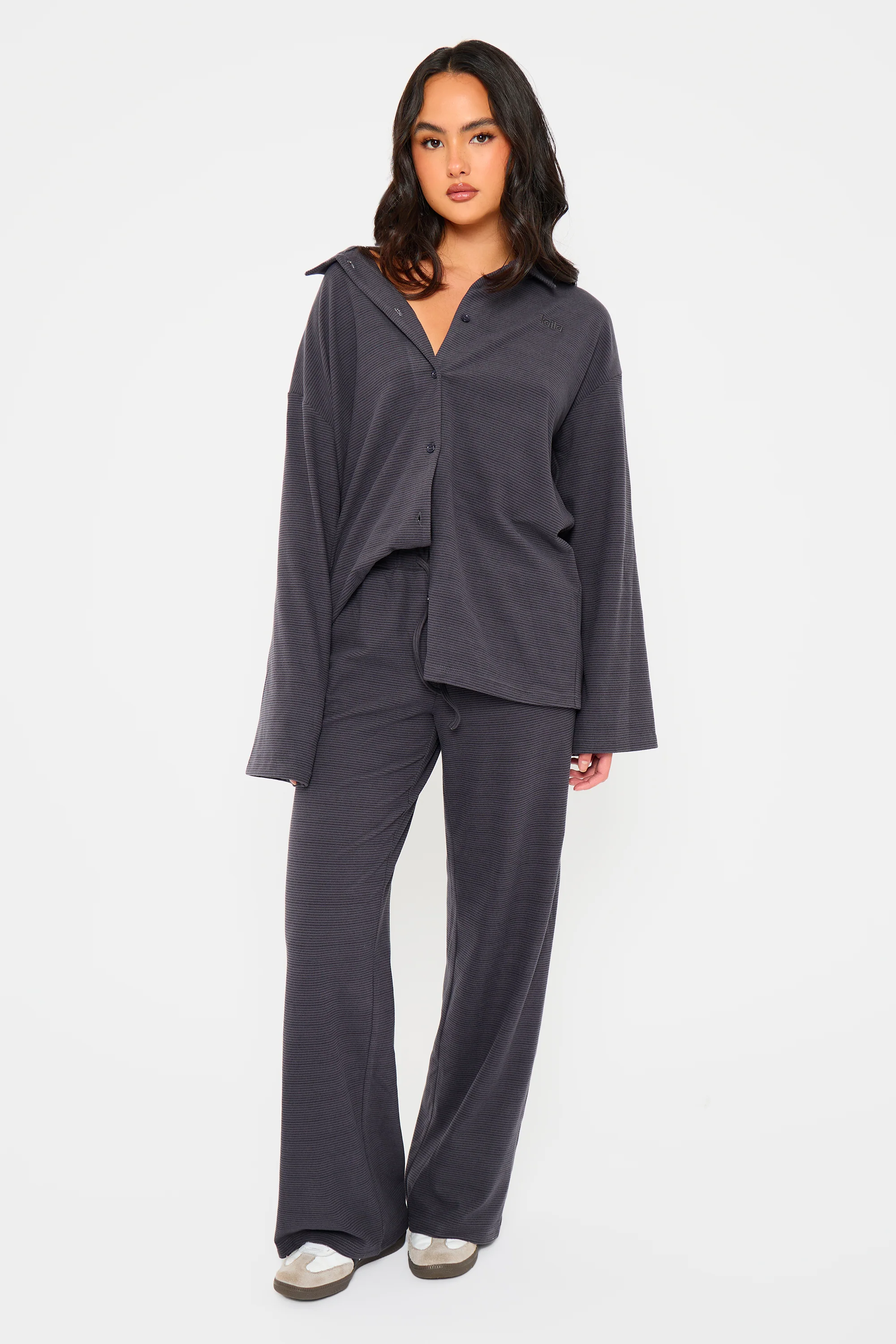 Kaiia Striped Fleece Button Down Shirt Navy & Black - Image 3