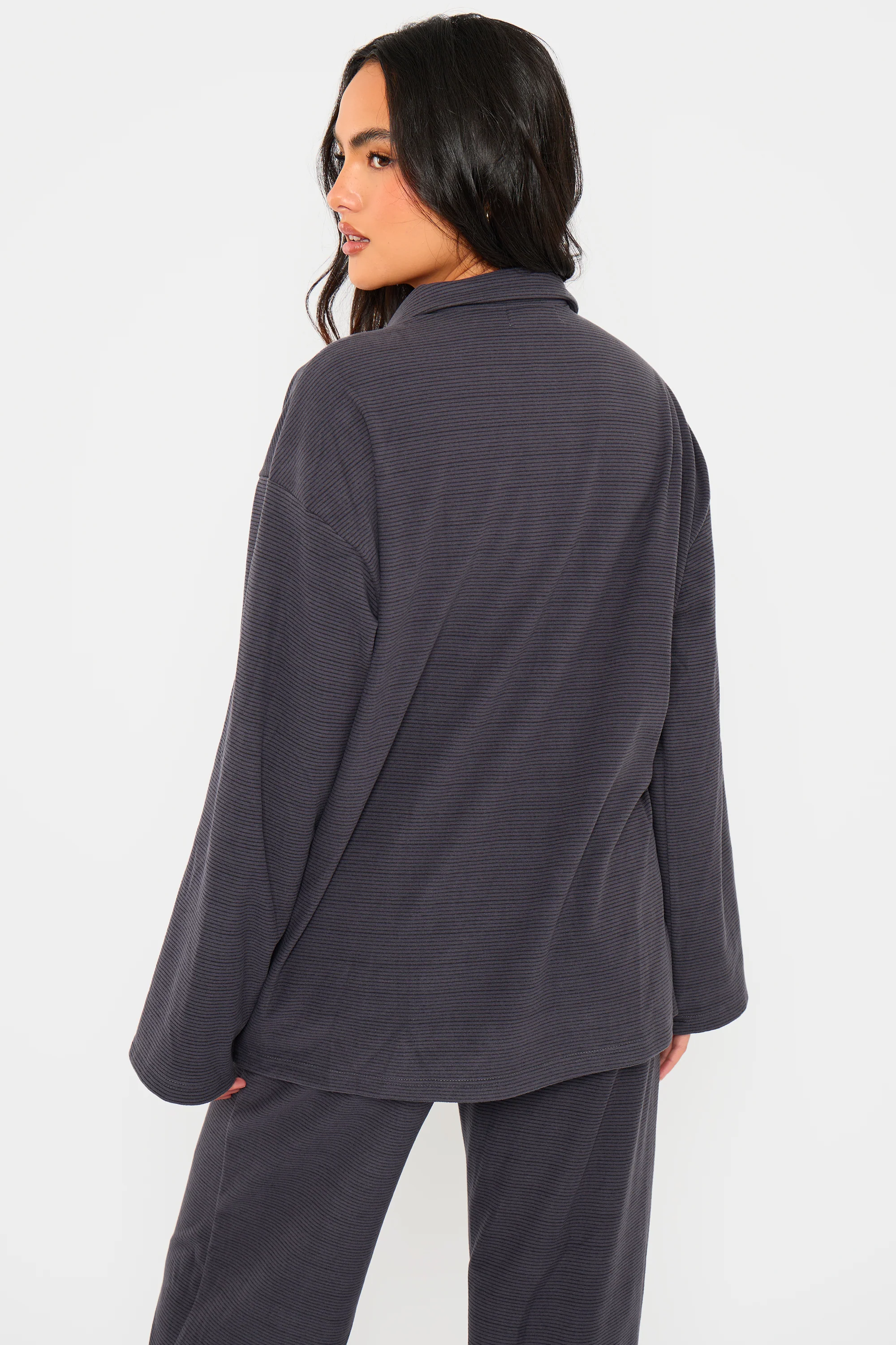Kaiia Striped Fleece Button Down Shirt Navy & Black - Image 4
