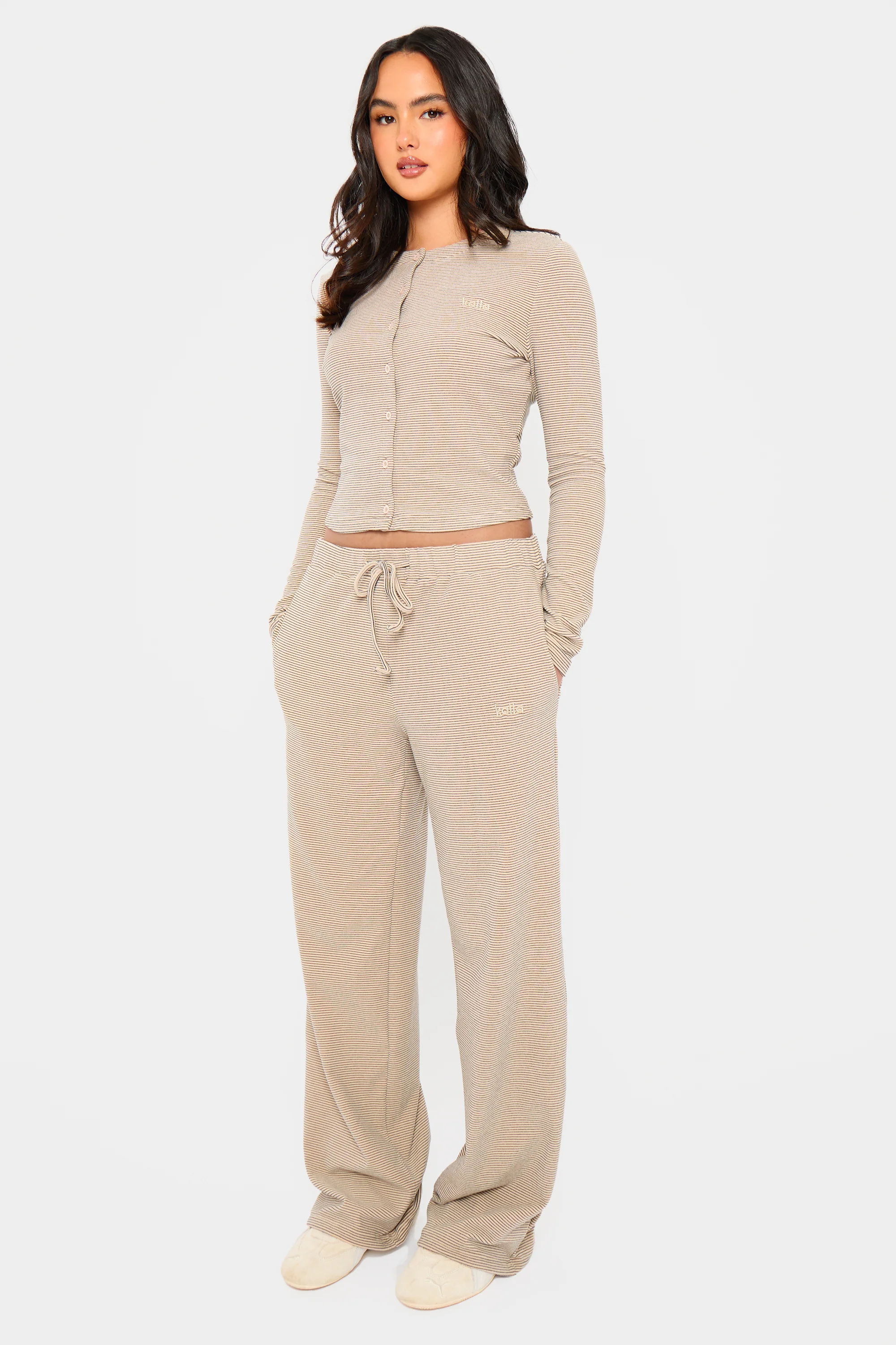 Kaiia Striped Fleece Button Up Cardigan Cream & Black - Image 3