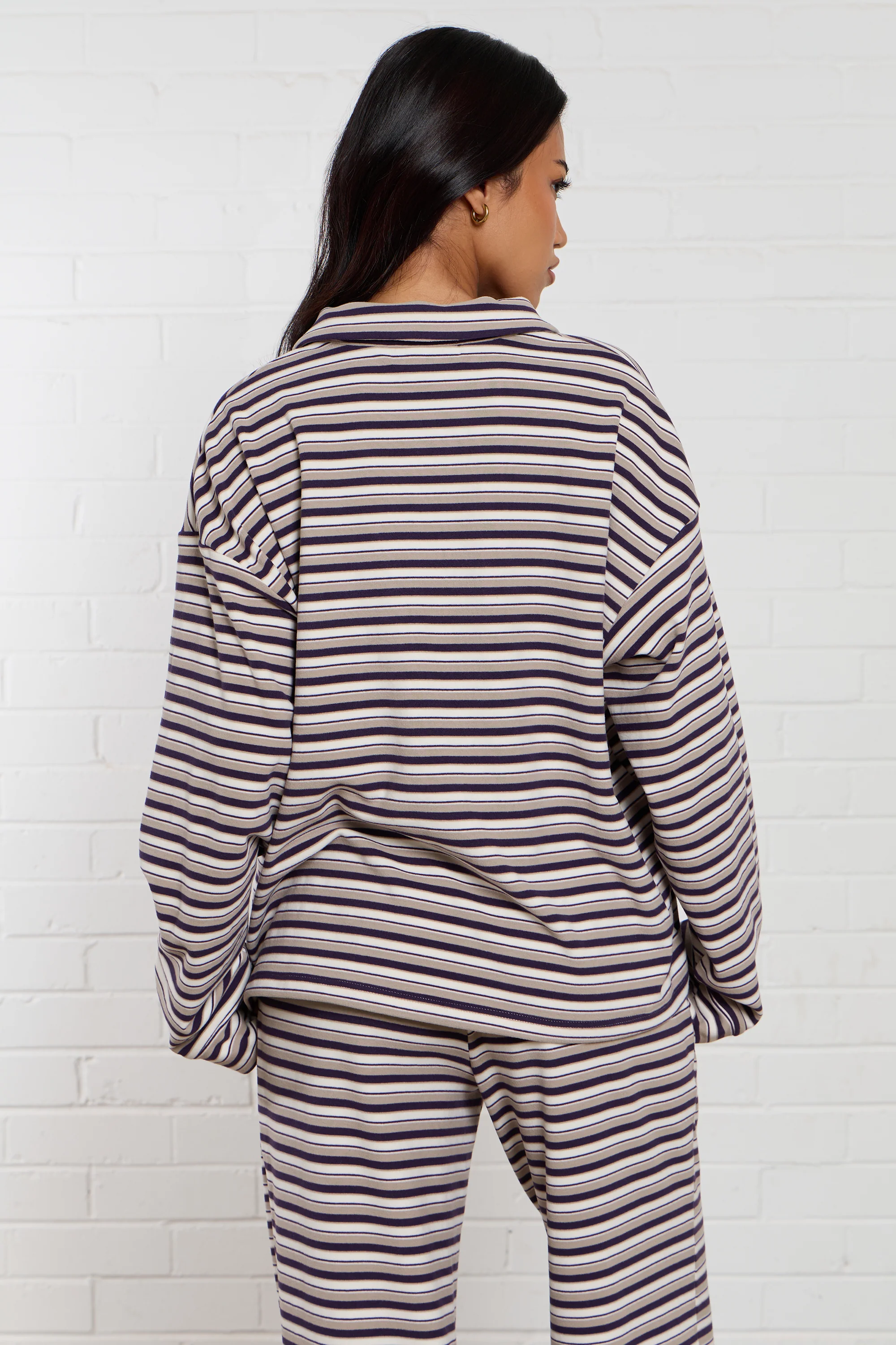 Kaiia Striped Fleece Button Up Oversized Polo Purple & Beige Multi - Image 5