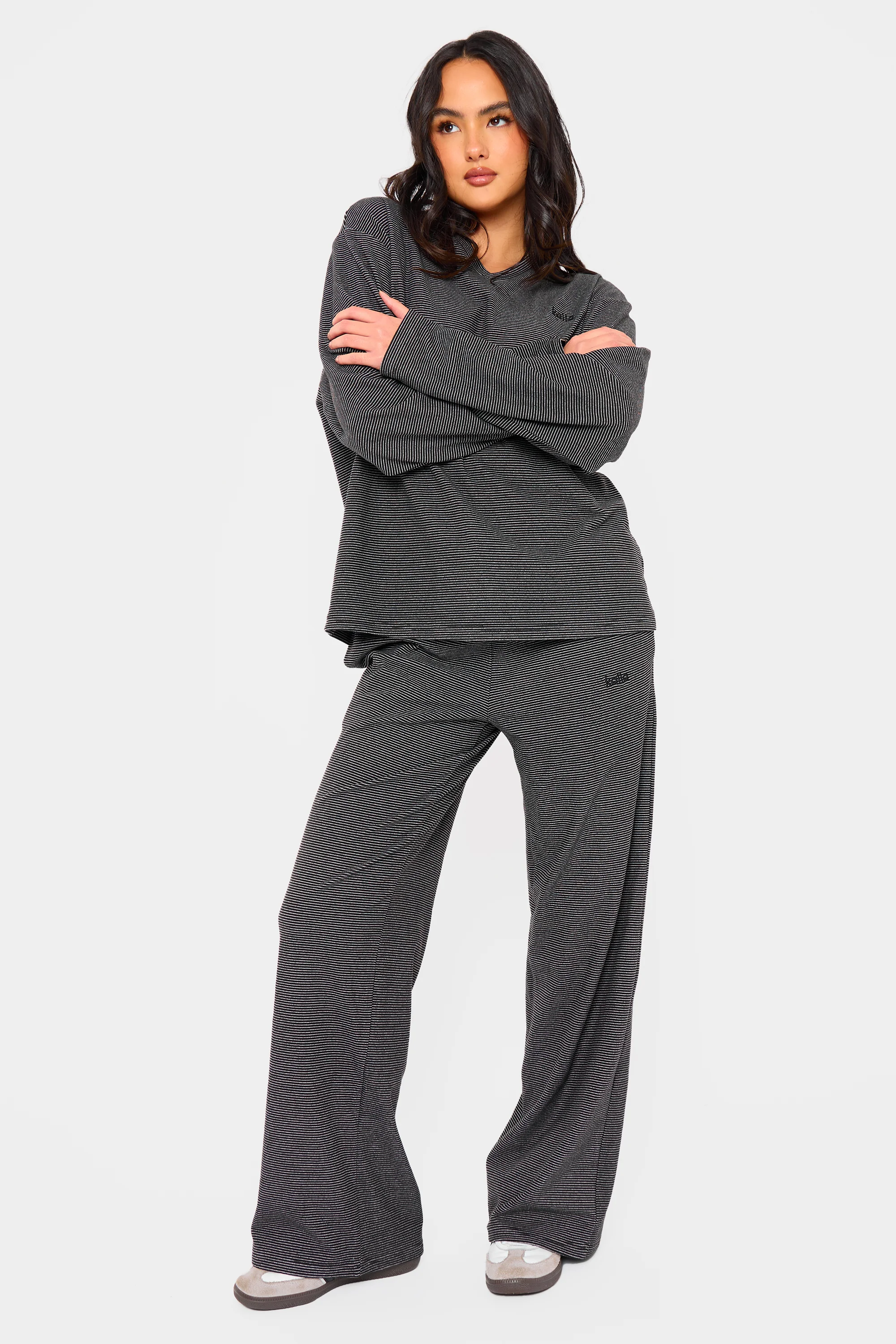 Kaiia Striped Fleece Drawstring Wide Leg Trousers Black & Cream