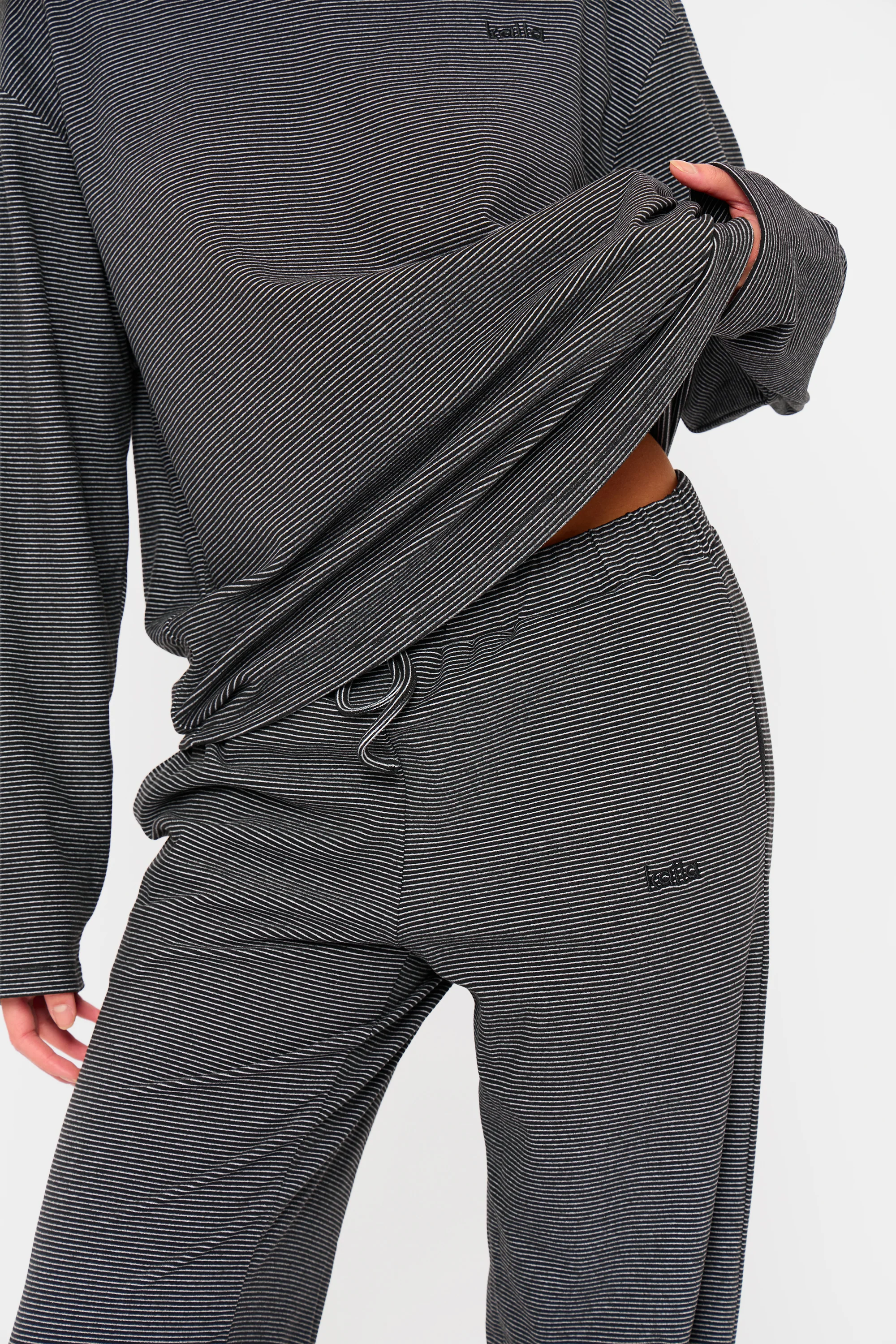 Kaiia Striped Fleece Drawstring Wide Leg Trousers Black & Cream - Image 2
