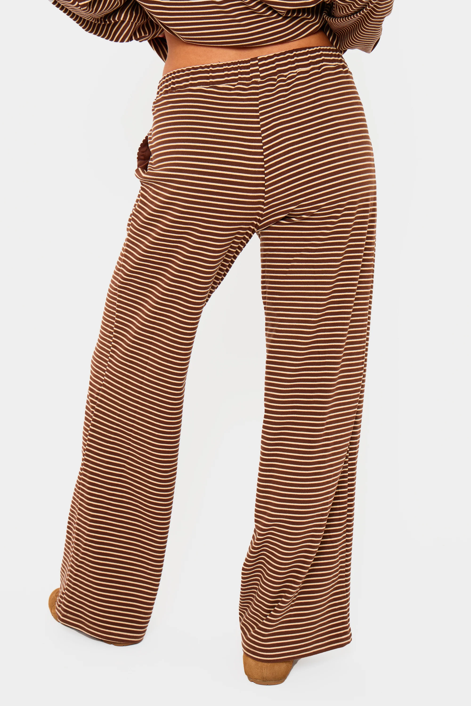 Kaiia Striped Fleece Drawstring Wide Leg Trousers Brown & Cream - Image 4