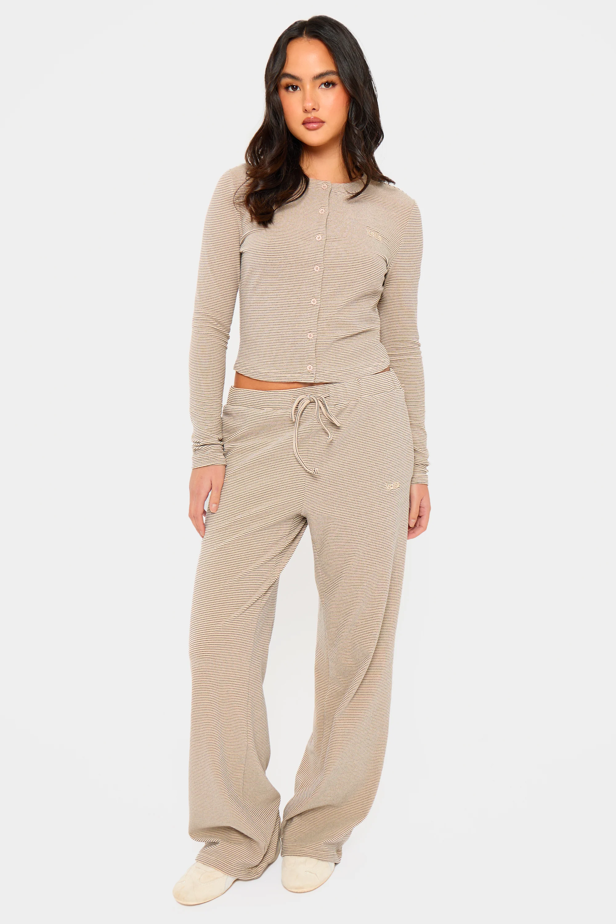 Kaiia Striped Fleece Drawstring Wide Leg Trousers Cream & Black
