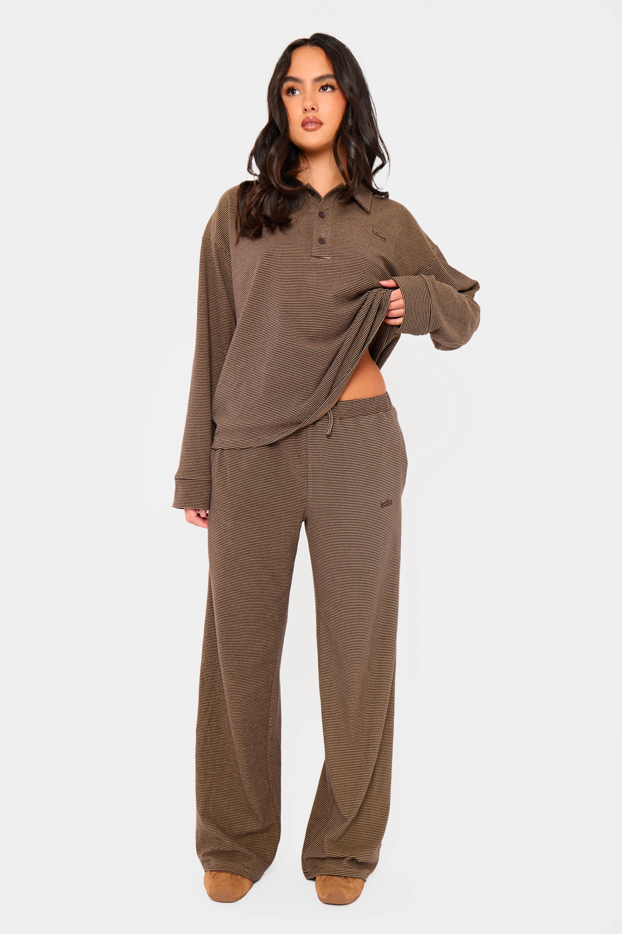 Kaiia Striped Fleece Drawstring Wide Leg Trousers Dark Chocolate & Lemon