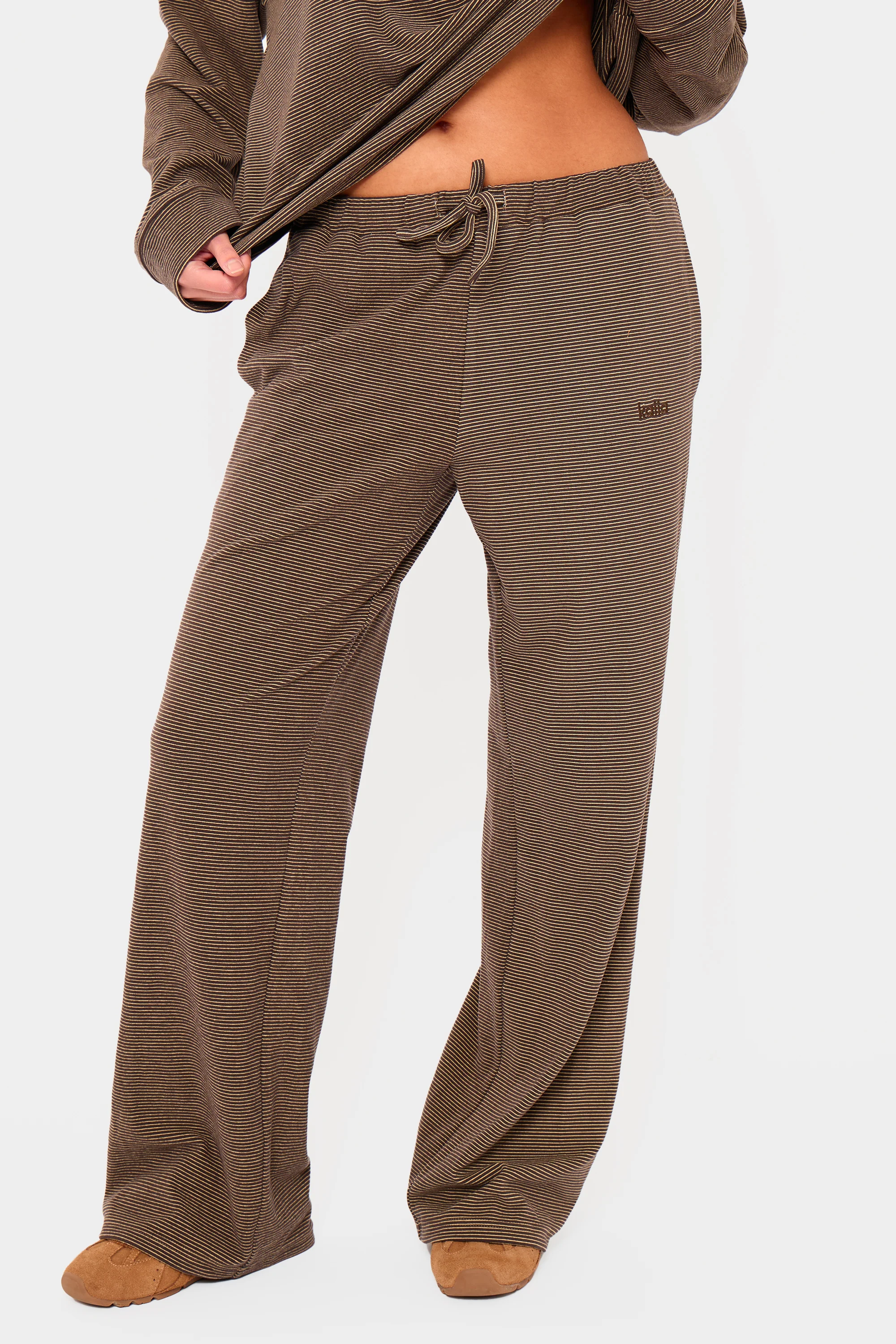 Kaiia Striped Fleece Drawstring Wide Leg Trousers Dark Chocolate & Lemon - Image 3