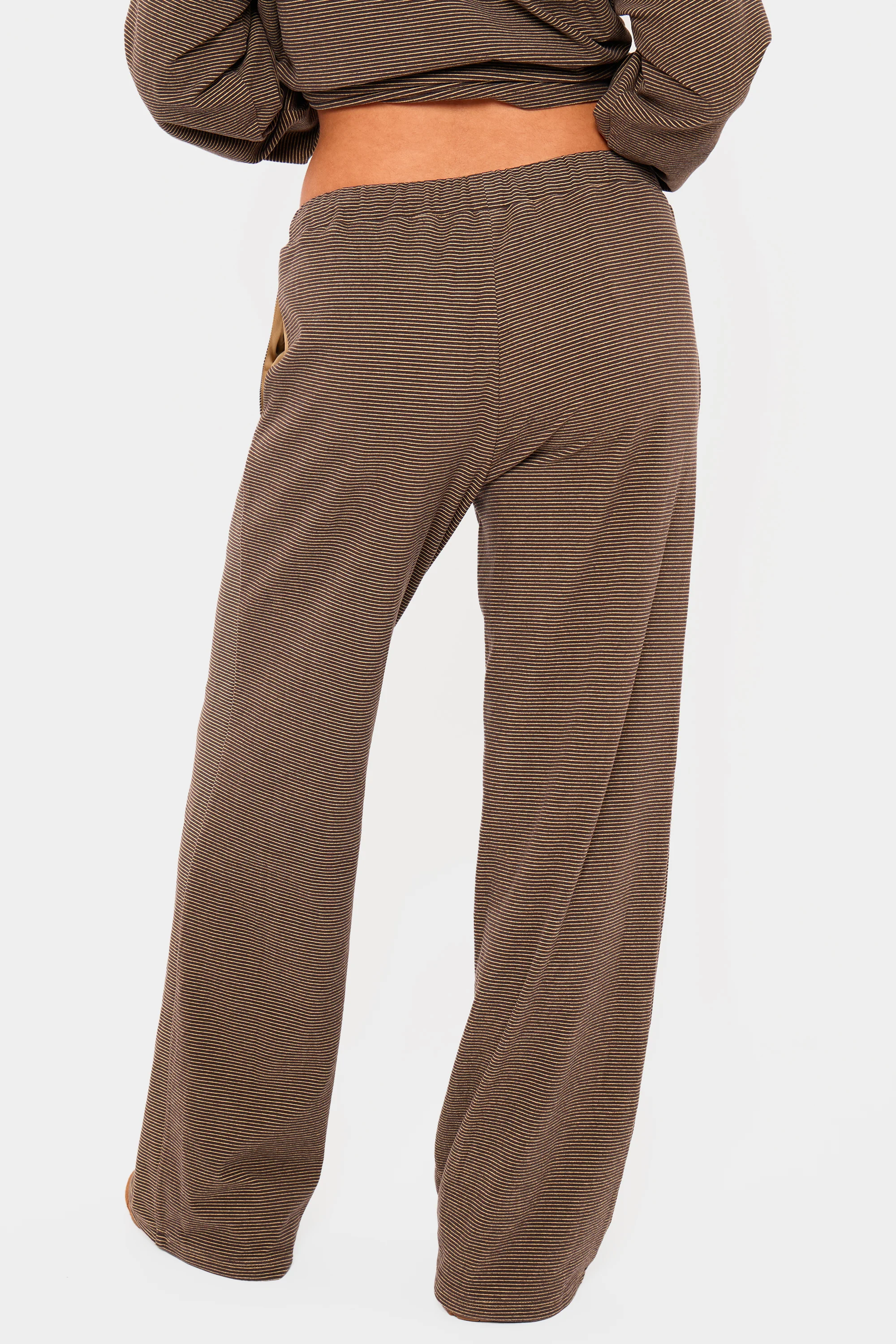 Kaiia Striped Fleece Drawstring Wide Leg Trousers Dark Chocolate & Lemon - Image 4