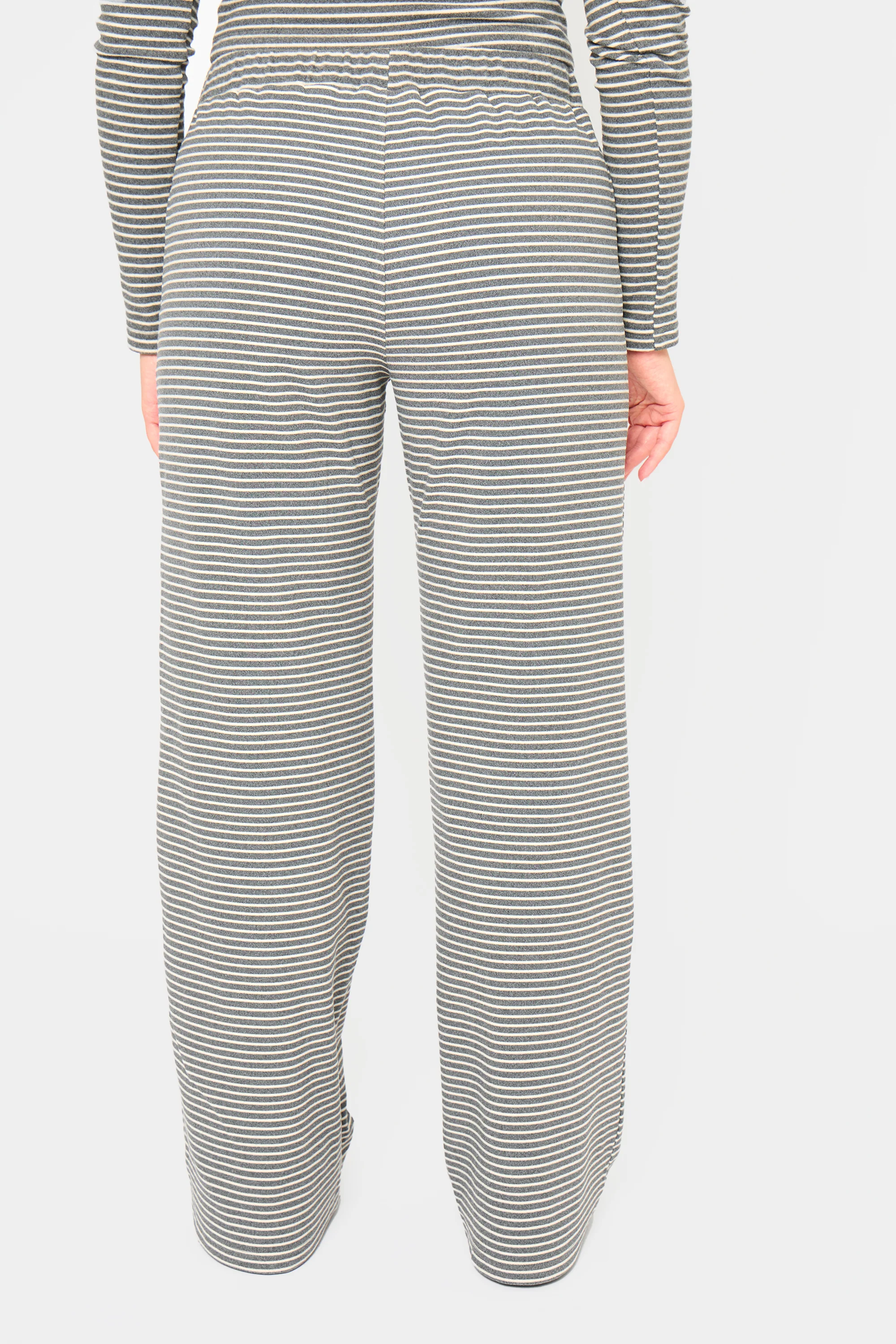 Kaiia Striped Fleece Drawstring Wide Leg Trousers Grey Marl & White - Image 3