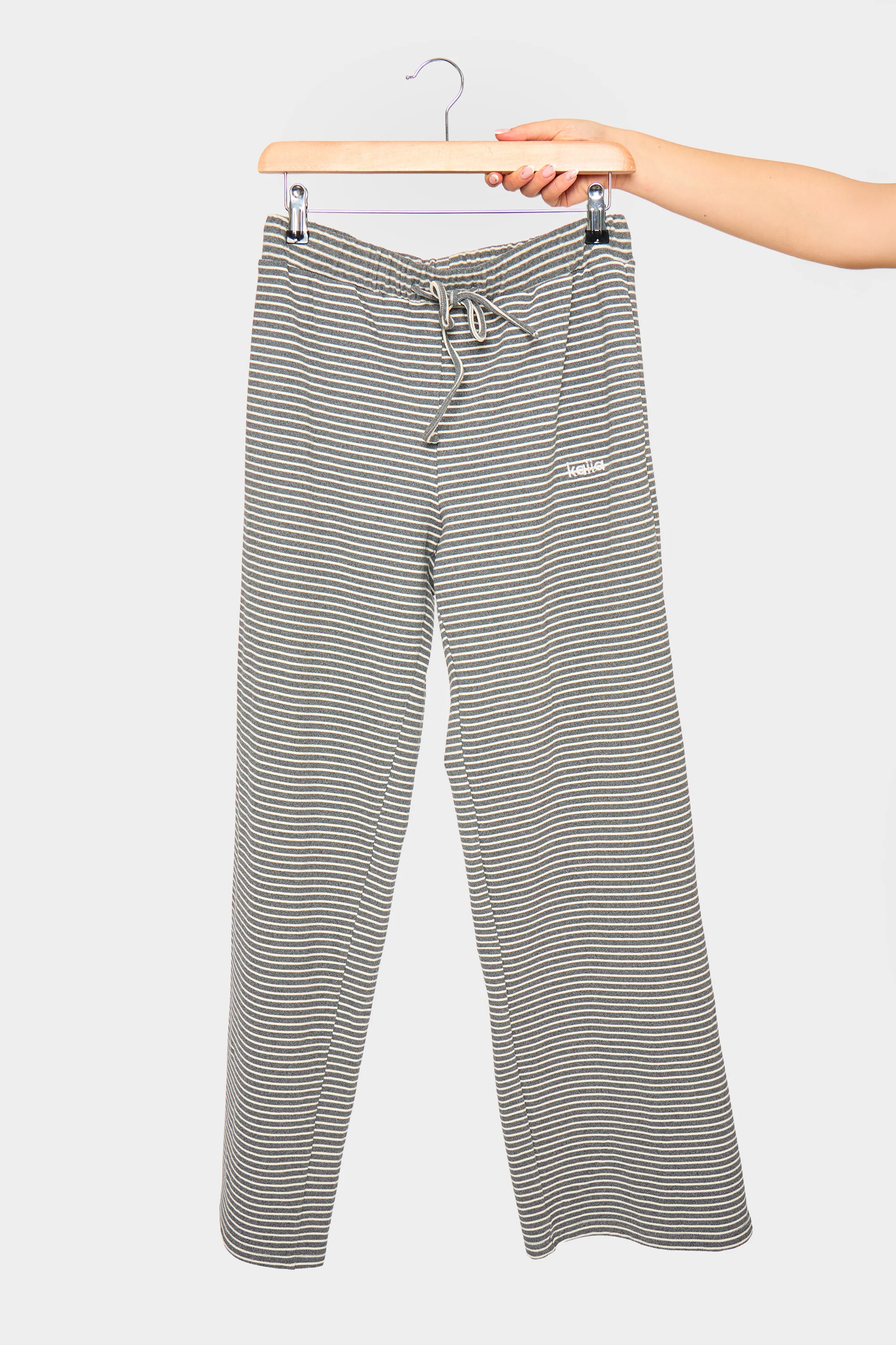 Kaiia Striped Fleece Drawstring Wide Leg Trousers Grey Marl & White - Image 4