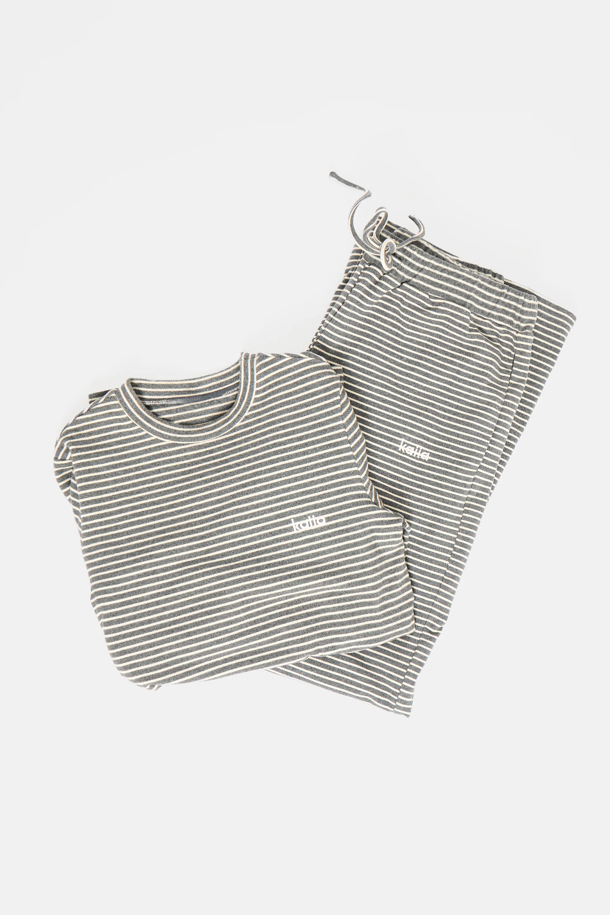 Kaiia Striped Fleece Drawstring Wide Leg Trousers Grey Marl & White - Image 5
