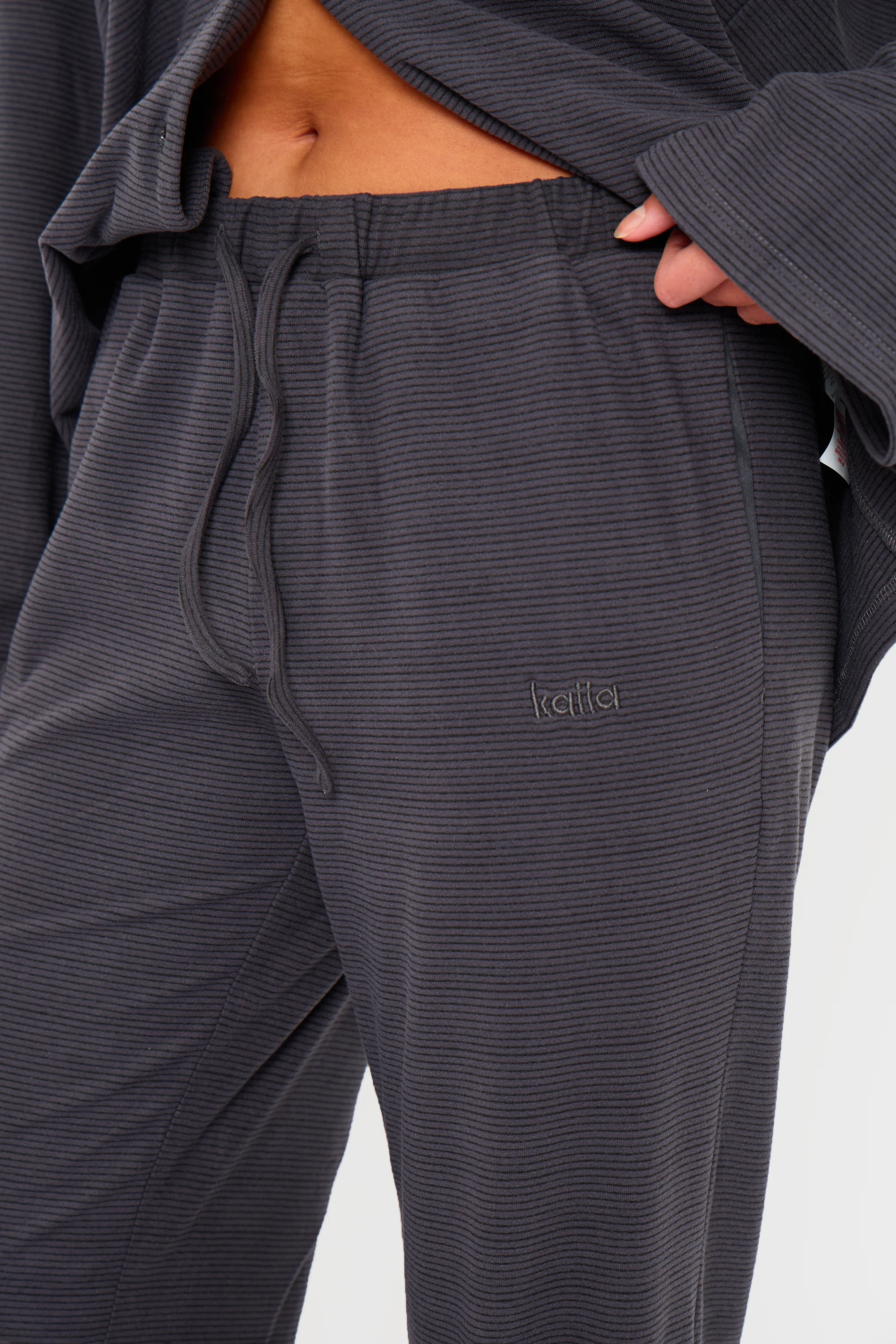 Kaiia Striped Fleece Drawstring Wide Leg Trousers Navy & Black - Image 2
