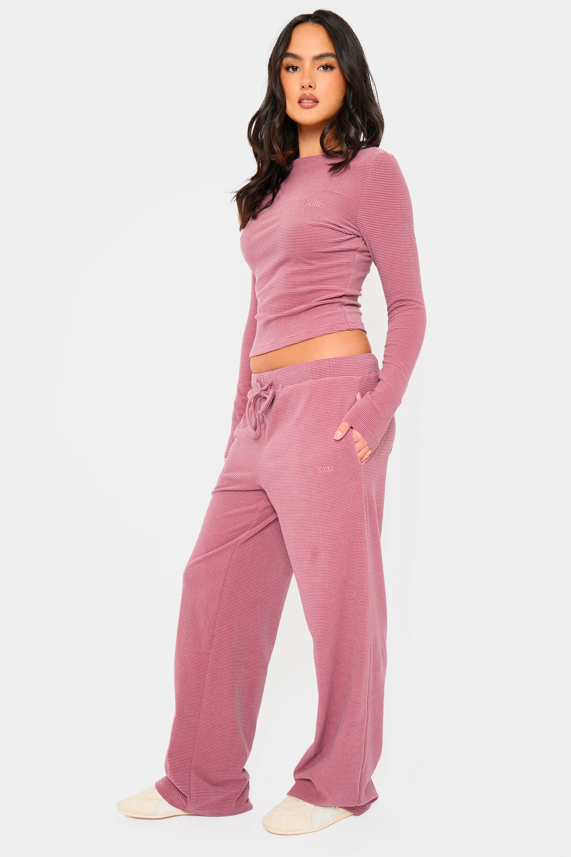 Kaiia Striped Fleece Drawstring Wide Leg Trousers Pink & Black