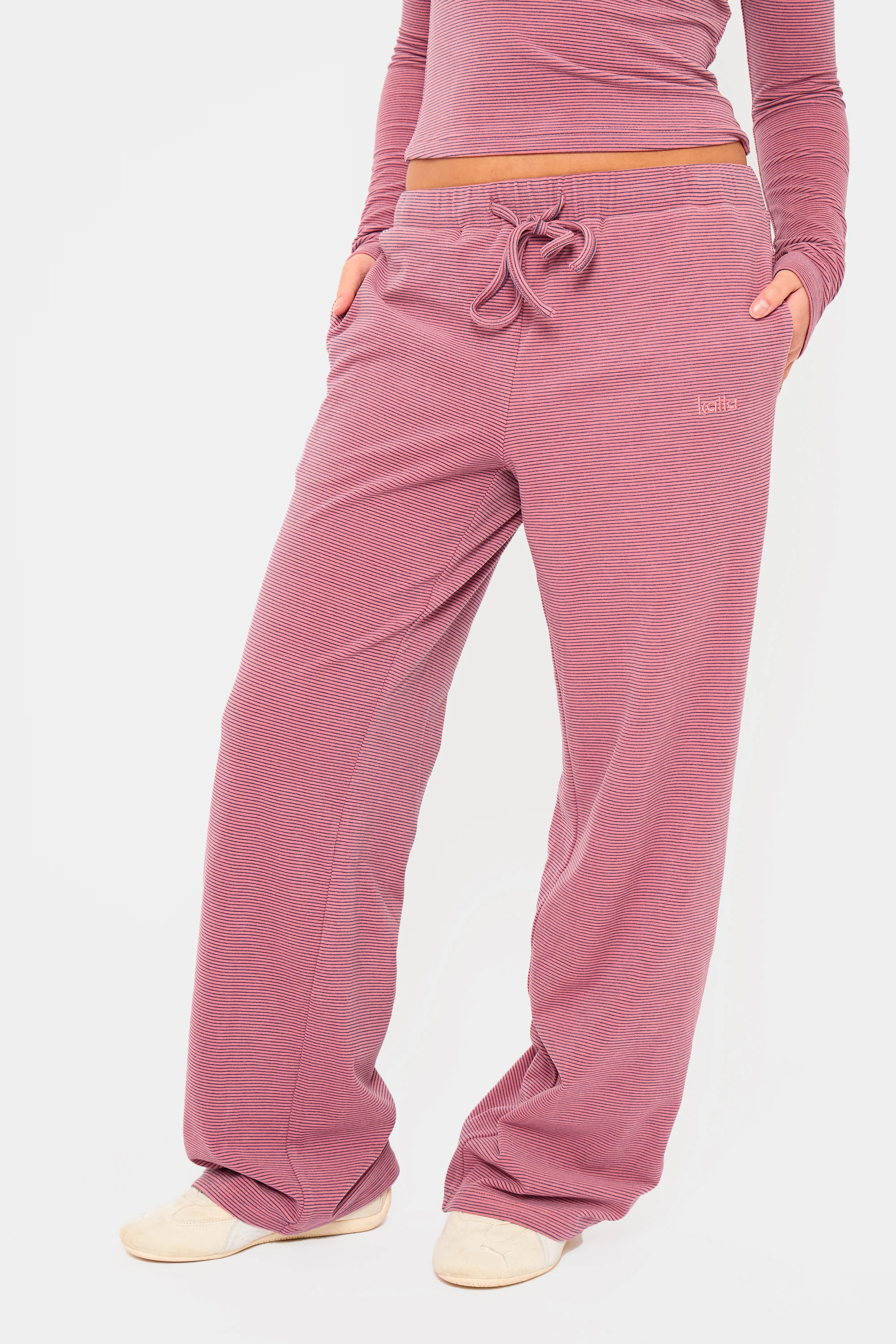 Kaiia Striped Fleece Drawstring Wide Leg Trousers Pink & Black - Image 3