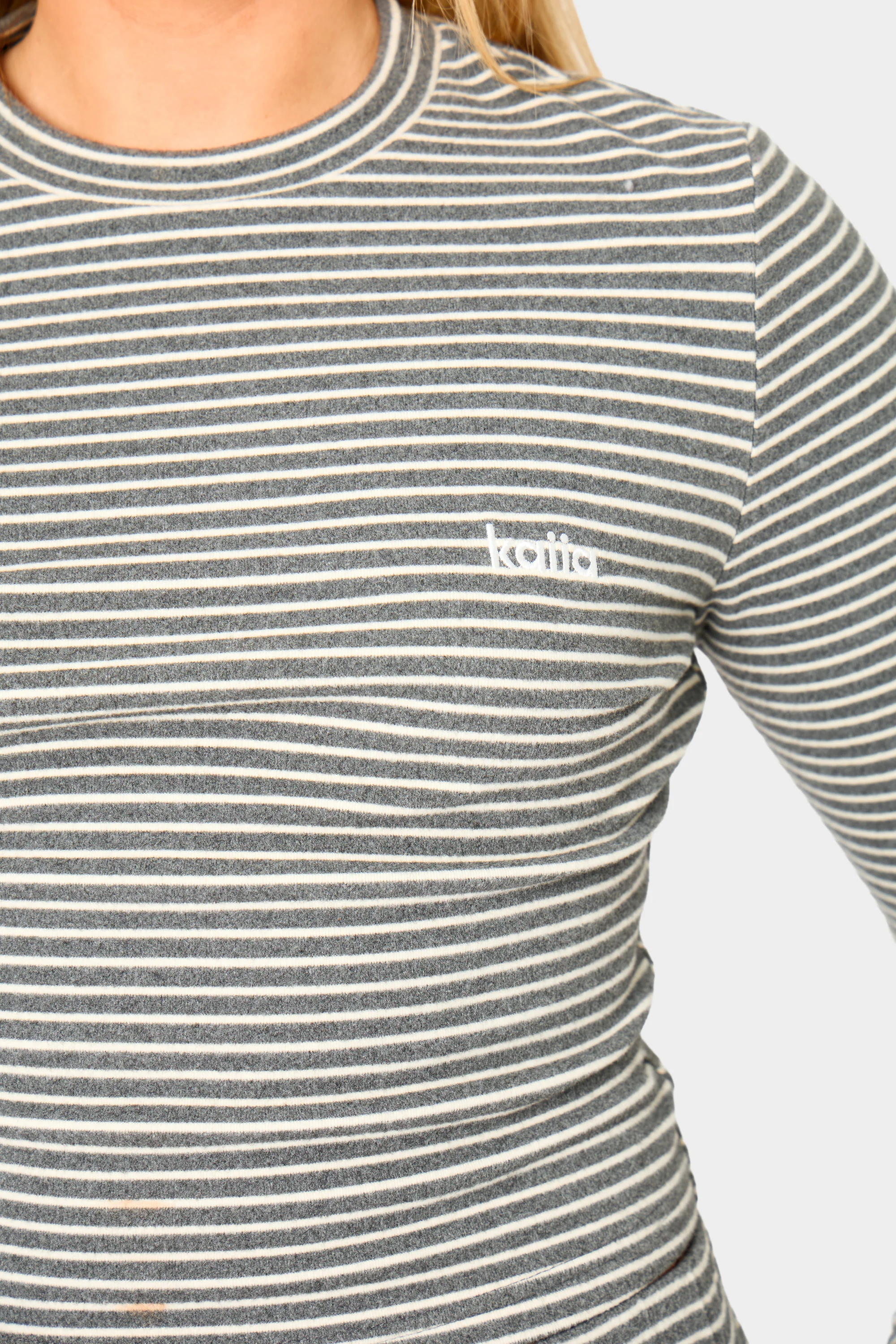 Kaiia Striped Fleece Fitted Long Sleeve Top Grey Marl & White - Image 2