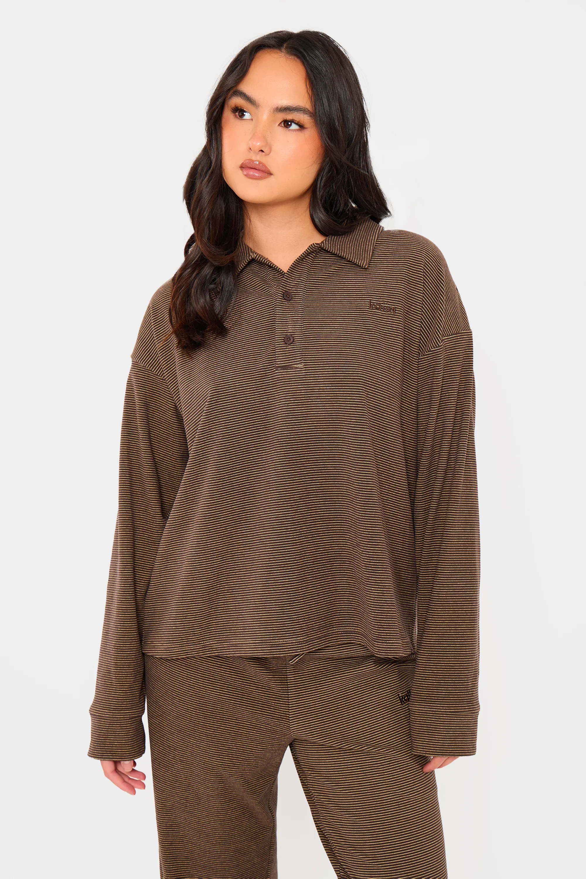 Kaiia Striped Fleece Oversized Button Detail Collared Sweatshirt Dark Chocolate & Lemon