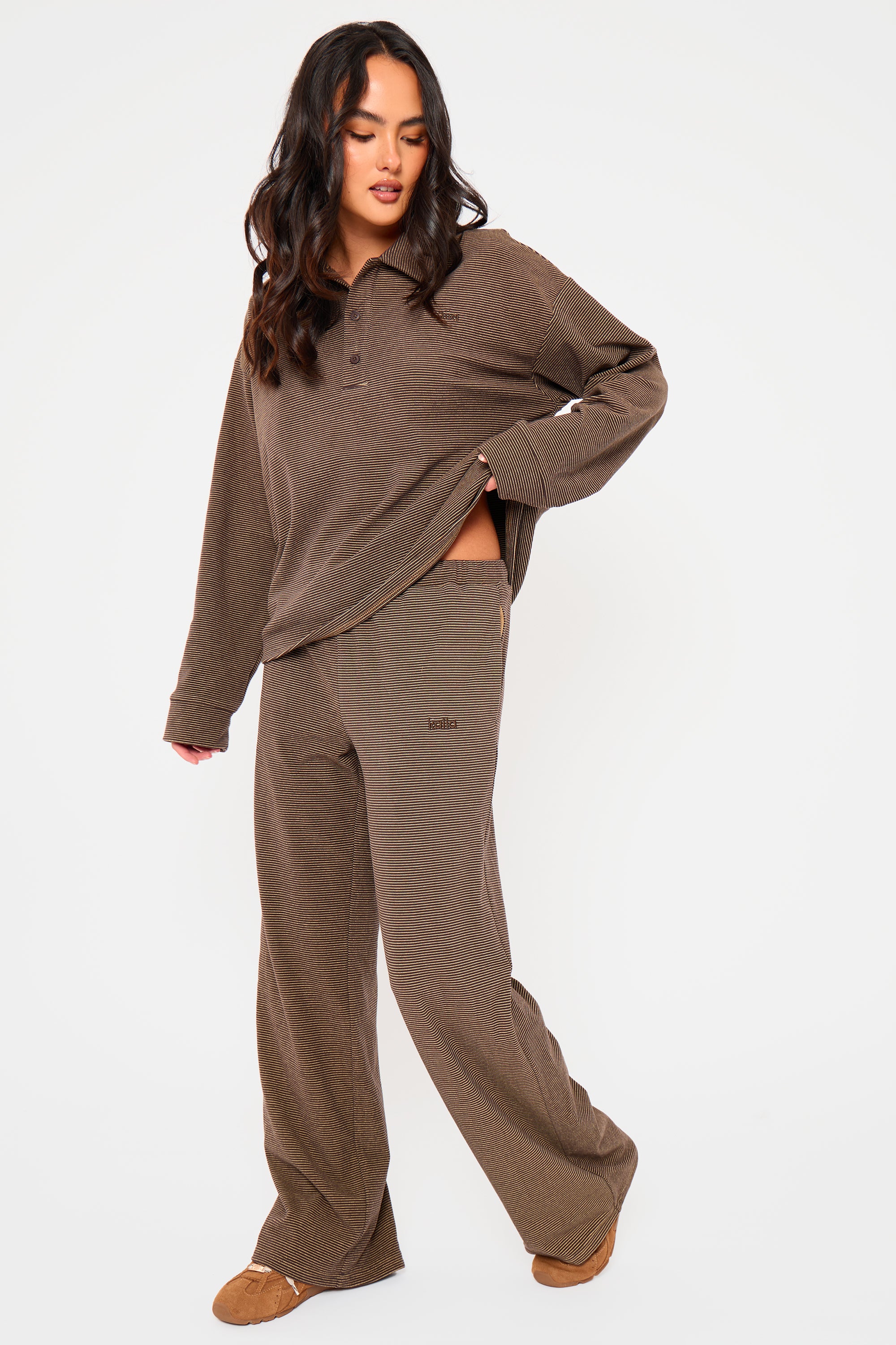 Kaiia Striped Fleece Oversized Button Detail Collared Sweatshirt Dark Chocolate & Lemon - Image 3