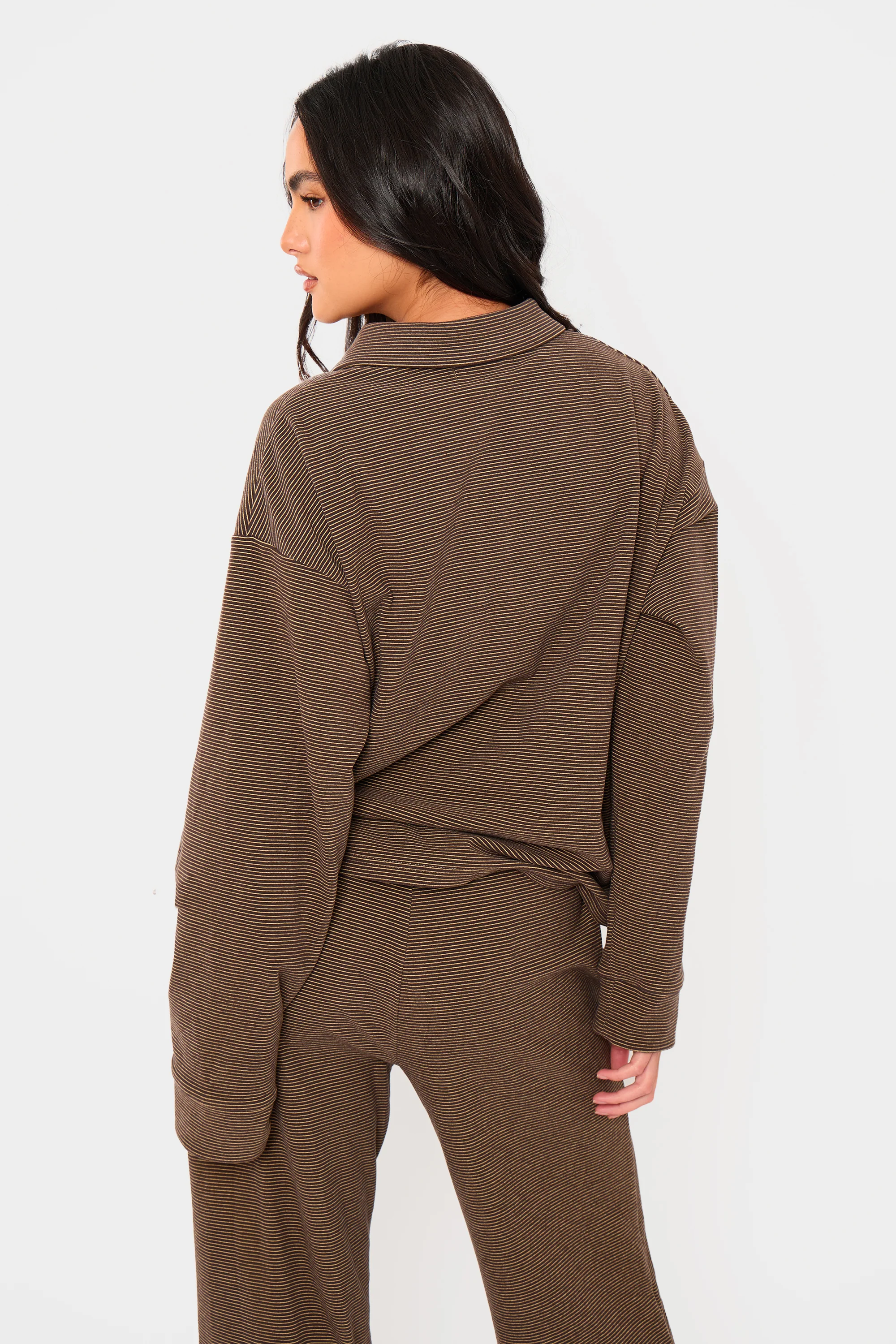 Kaiia Striped Fleece Oversized Button Detail Collared Sweatshirt Dark Chocolate & Lemon - Image 4