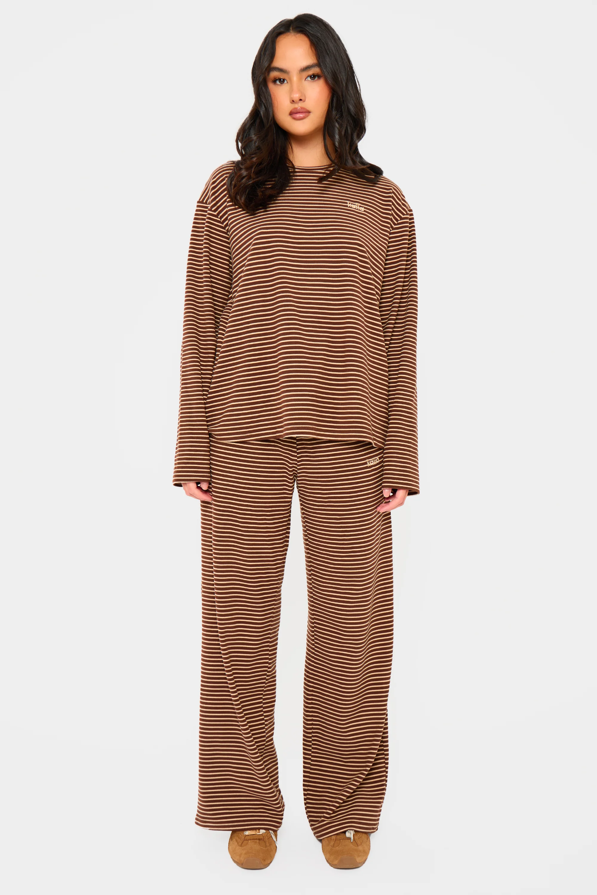 Kaiia Striped Fleece Oversized Long Sleeve Top Brown & Cream - Image 3