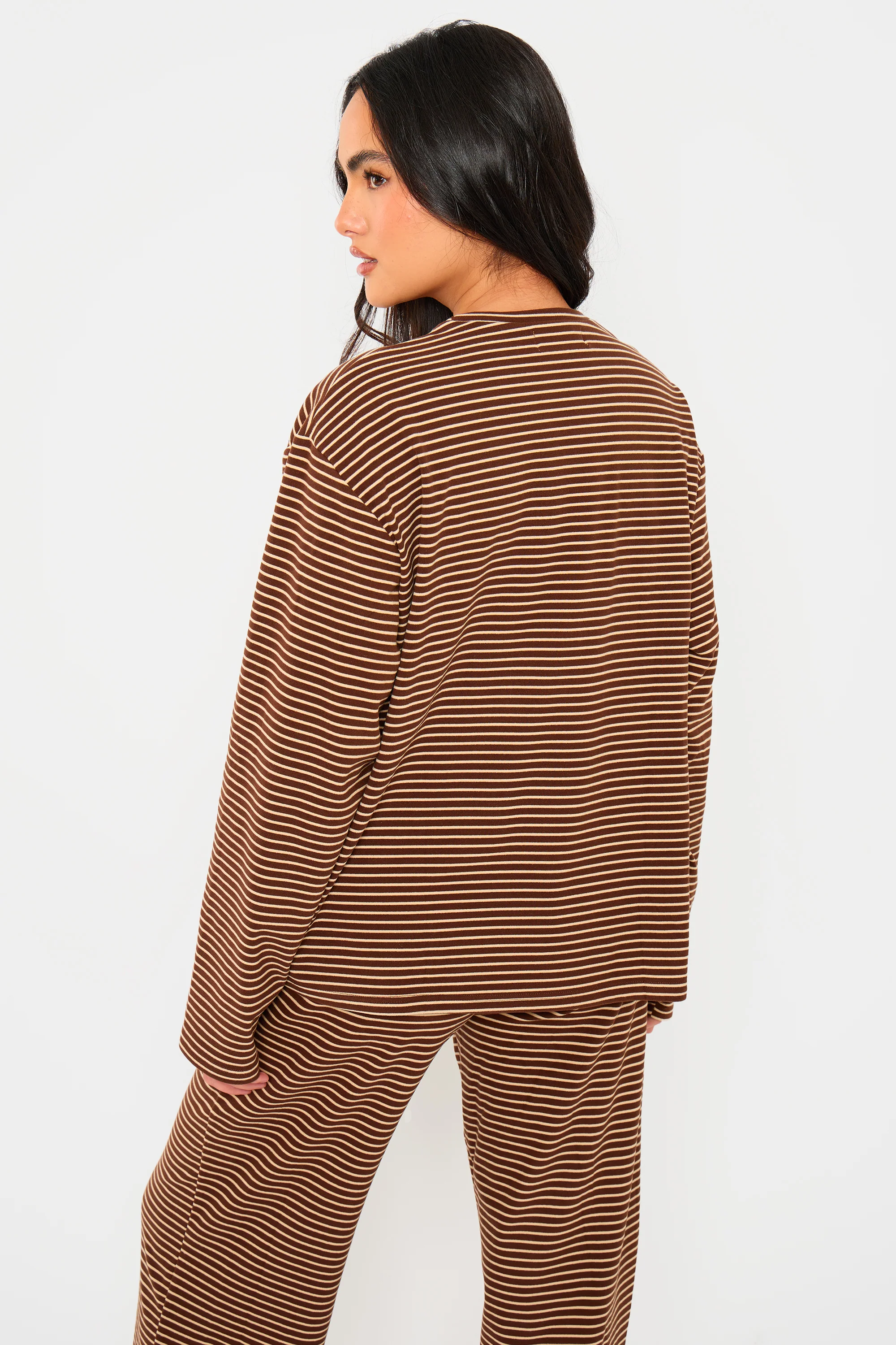 Kaiia Striped Fleece Oversized Long Sleeve Top Brown & Cream - Image 4