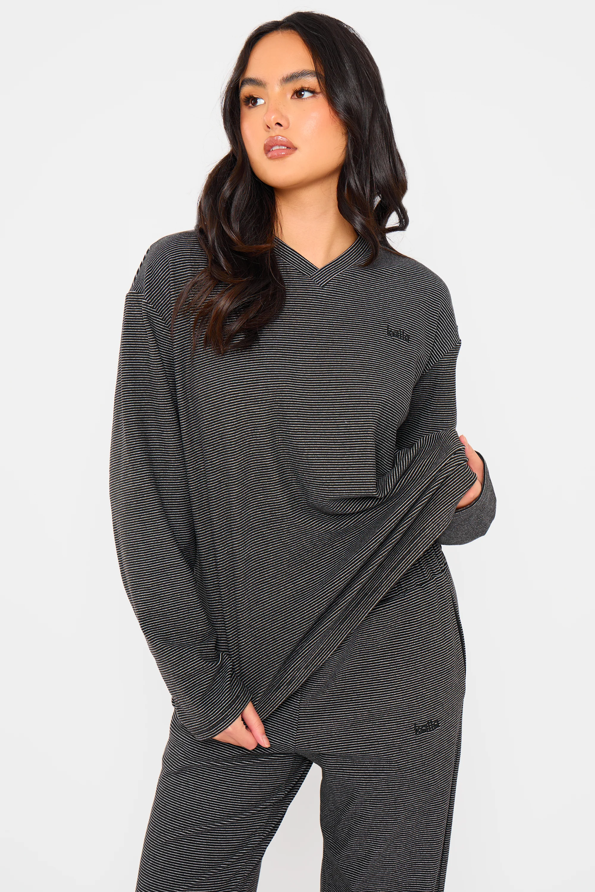 Kaiia Striped Fleece Oversized Top Black & Cream