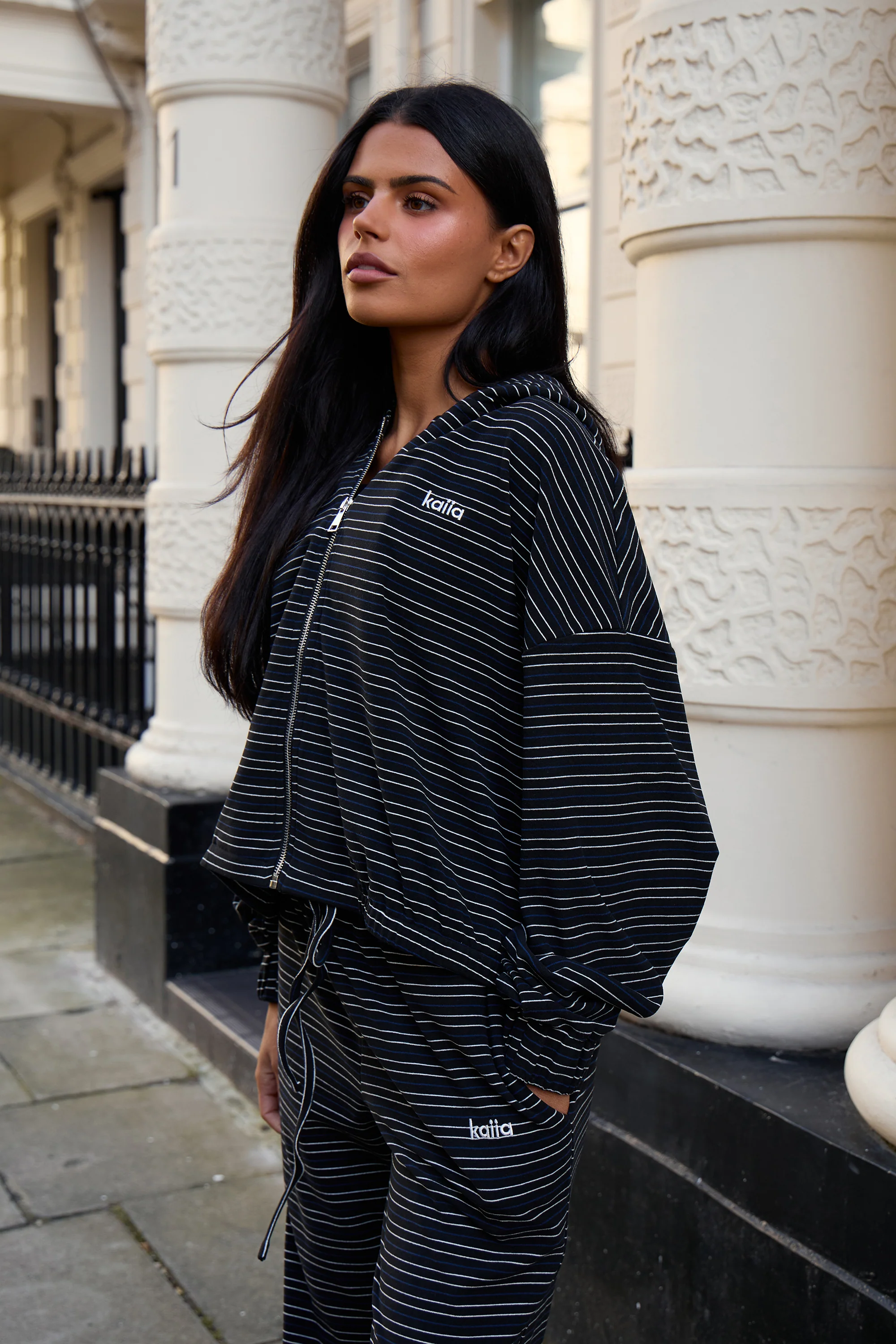 Kaiia Striped Fleece Oversized Zip Through Hoodie Navy & Cream