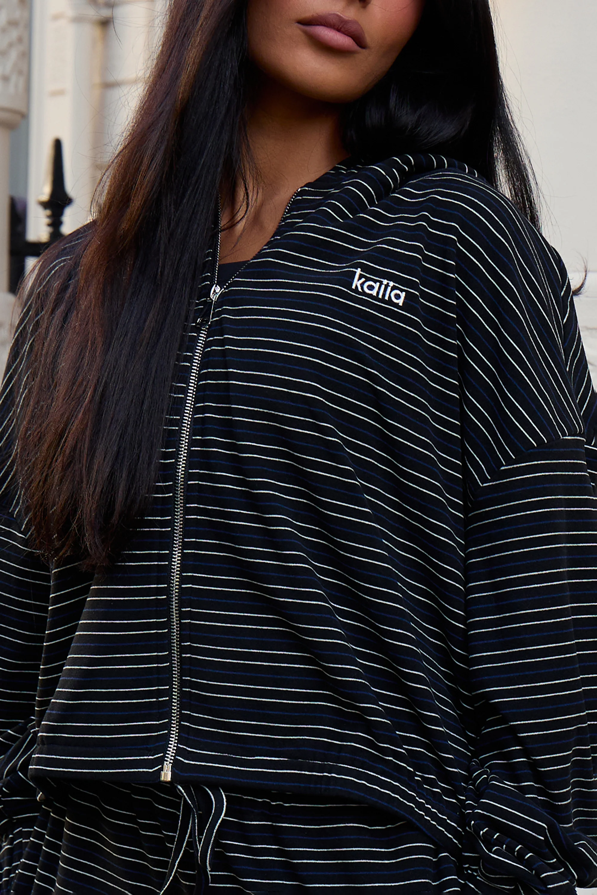 Kaiia Striped Fleece Oversized Zip Through Hoodie Navy & Cream - Image 3