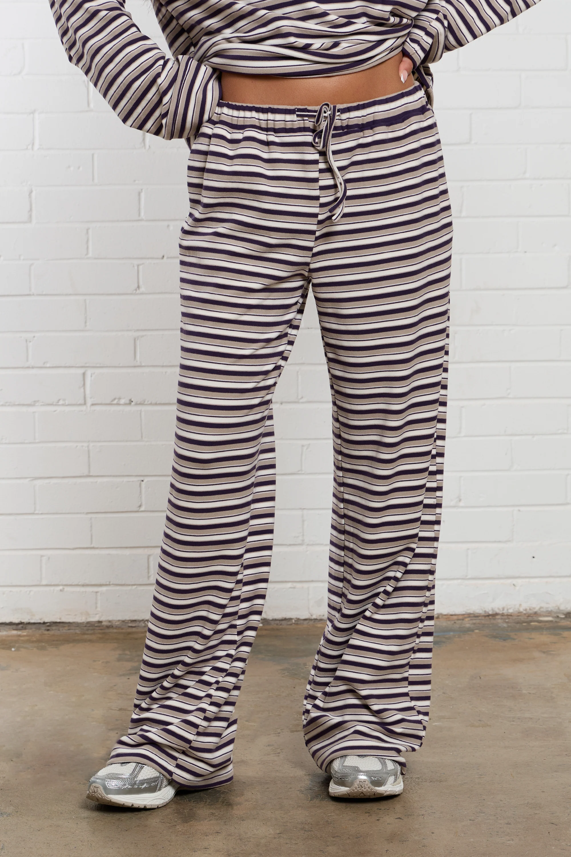 Kaiia Striped Fleece Wide Leg Trousers Purple & Beige Multi - Image 3