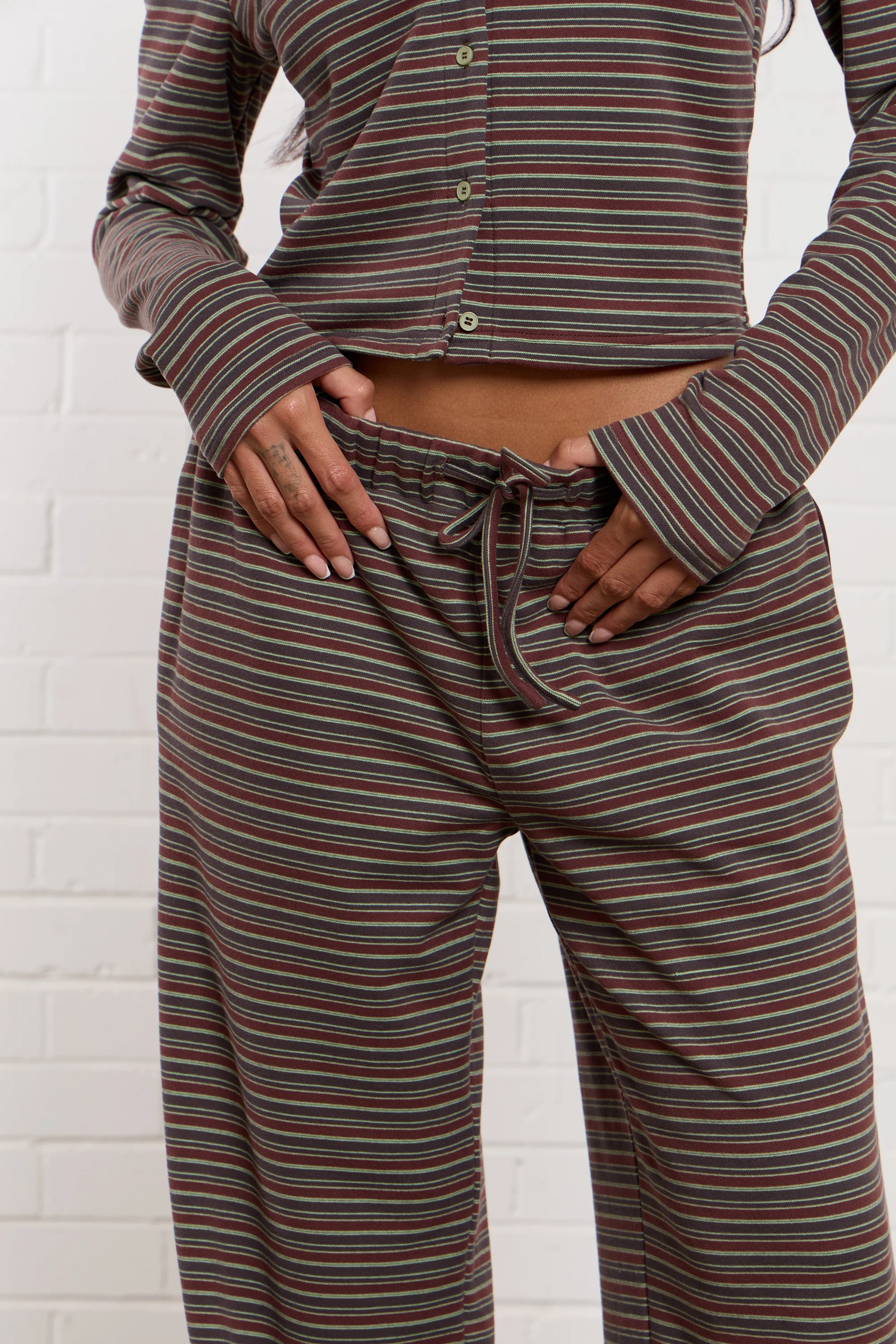 Kaiia Striped Fleece Wide Leg Trousers Brown Multi - Image 5