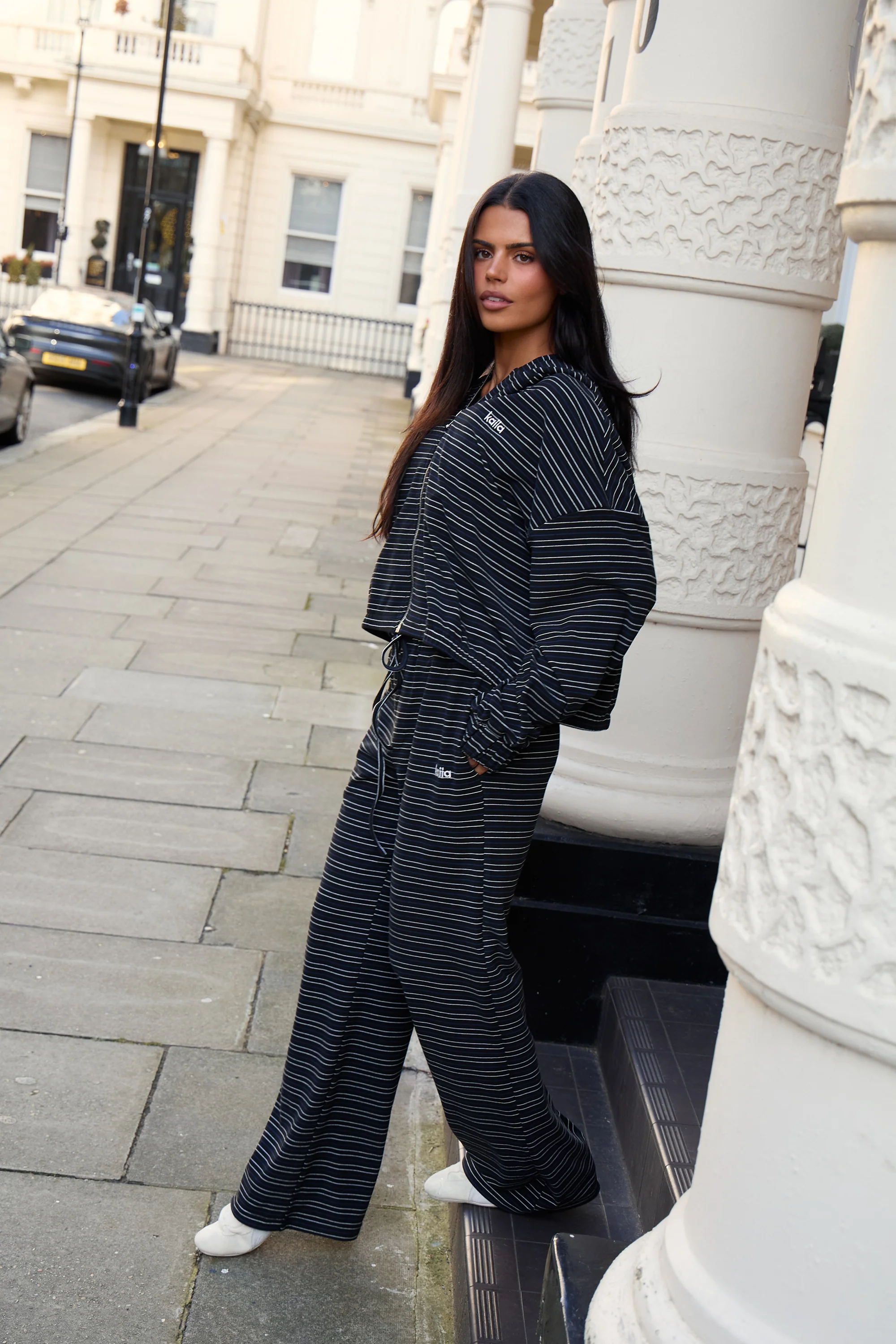 Kaiia Striped Fleece Wide Leg Trousers Navy & Cream