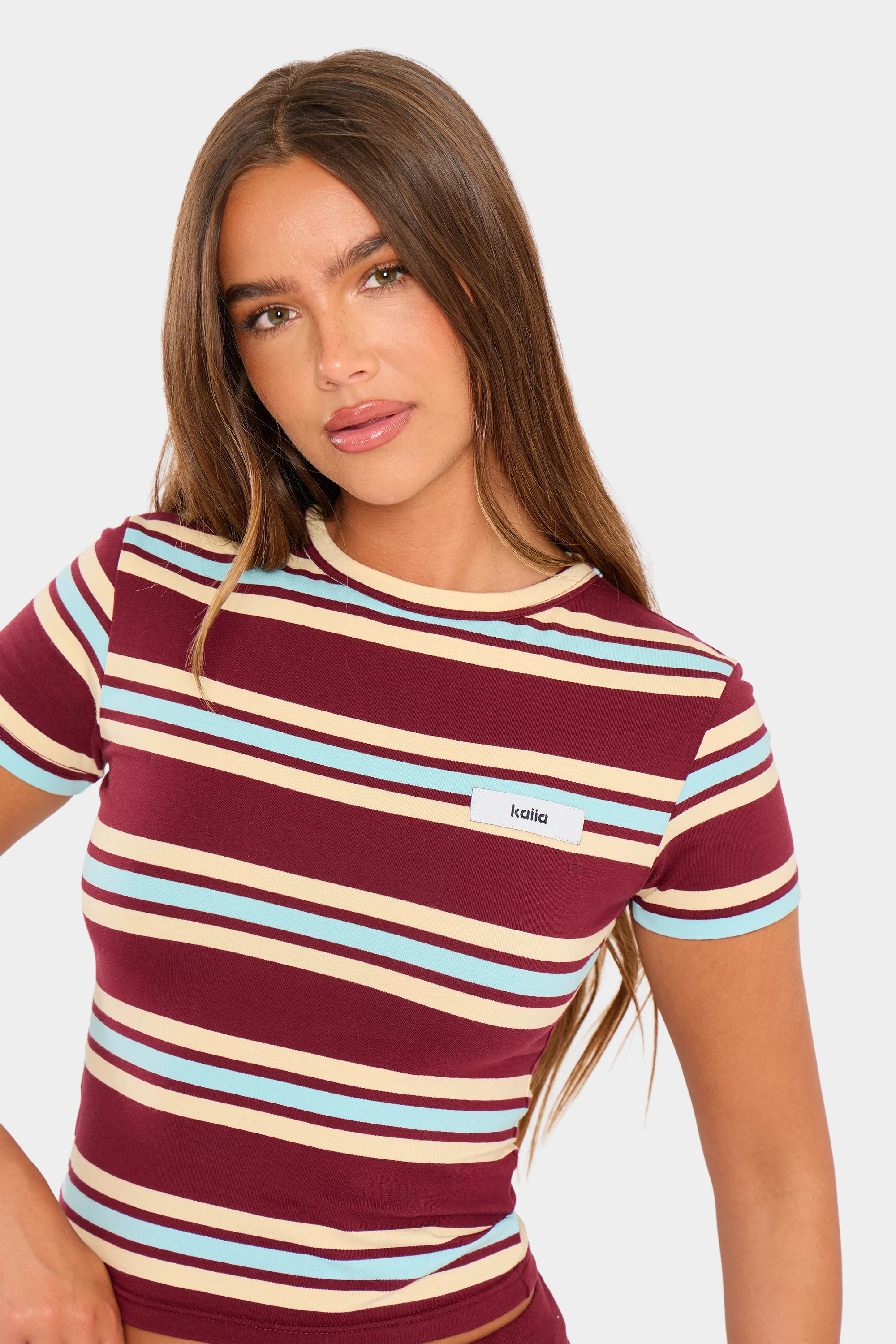 Kaiia Striped Label Logo Baby Tee Burgundy & Baby Blue - Image 5
