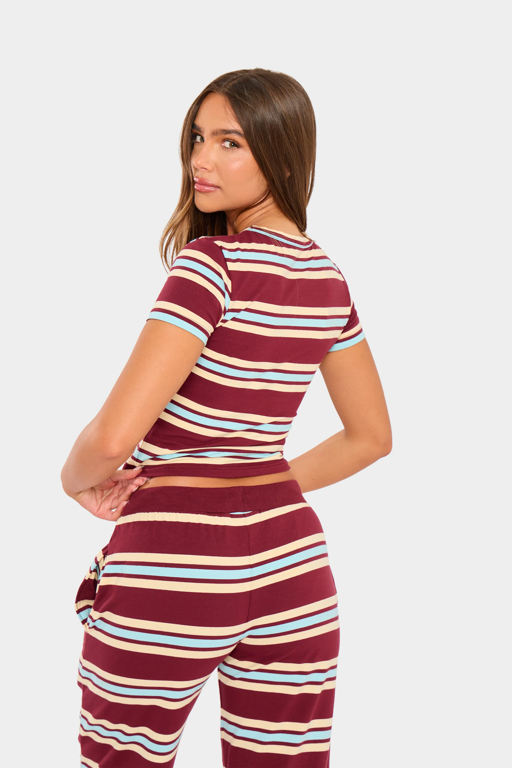 Kaiia Striped Label Logo Baby Tee Burgundy & Baby Blue - Image 6