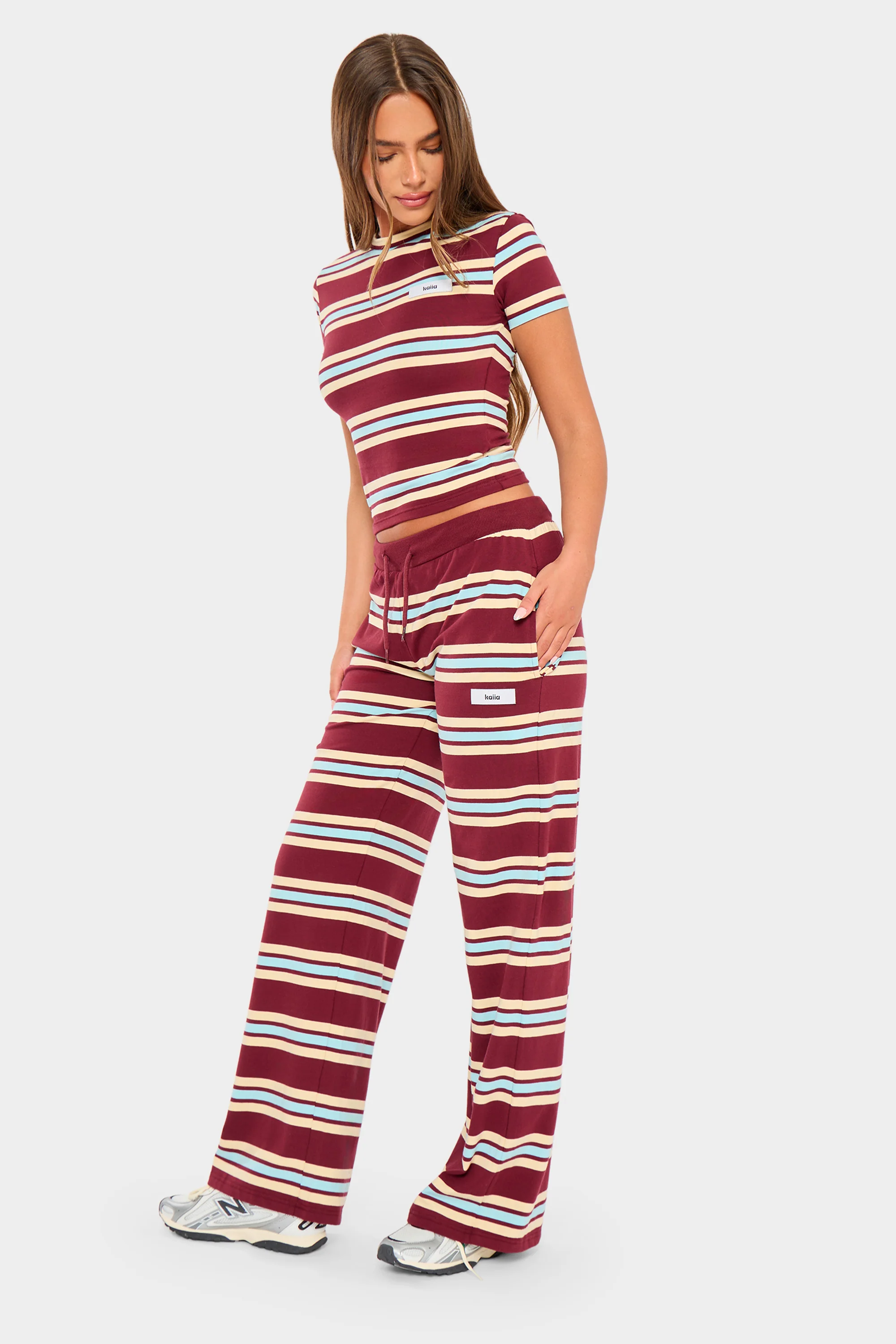 Kaiia Striped Label Logo Baby Tee Burgundy & Baby Blue - Image 7