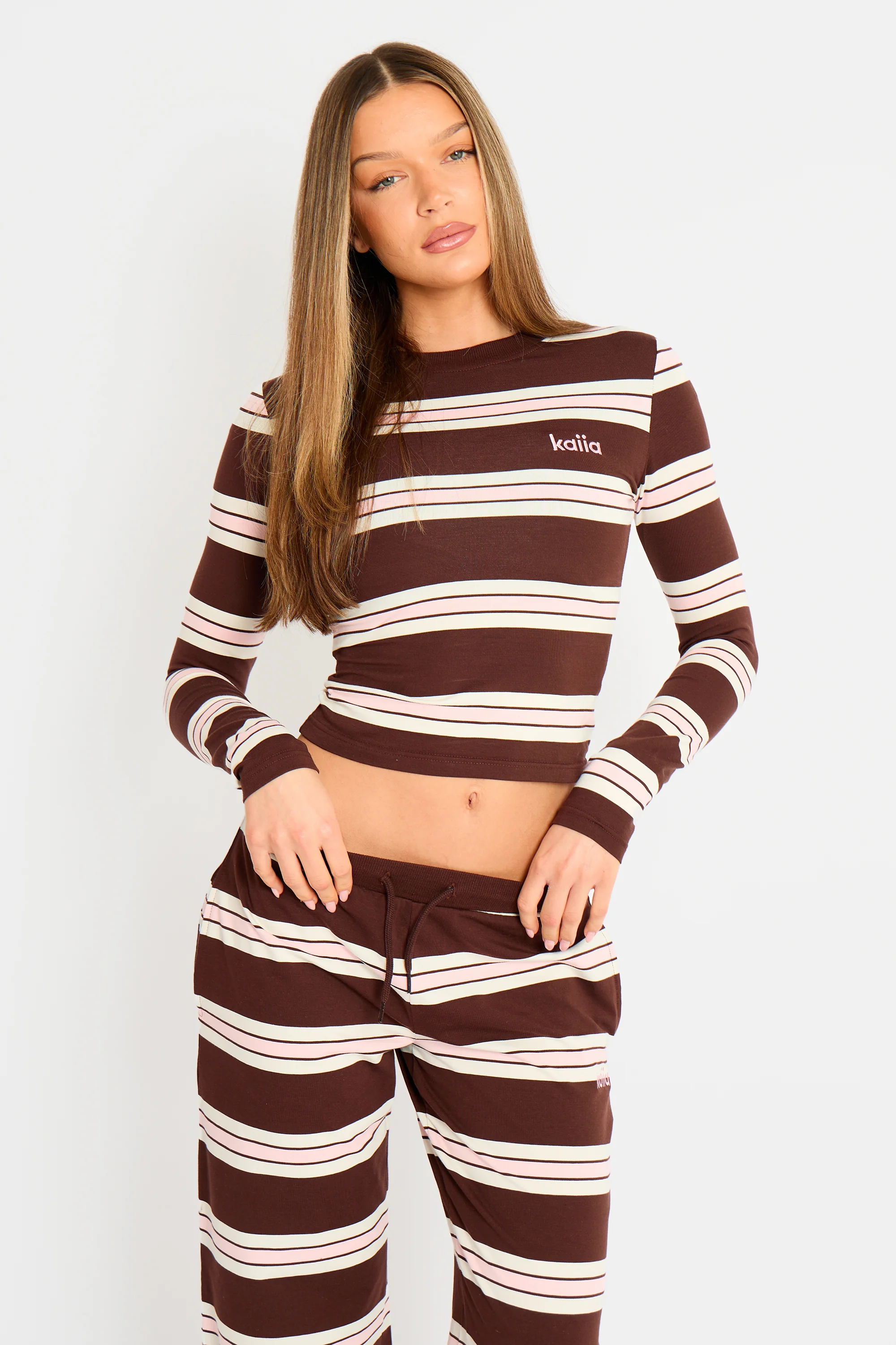 Kaiia Striped Long Sleeve Baby Tee Brown, Pink & Cream