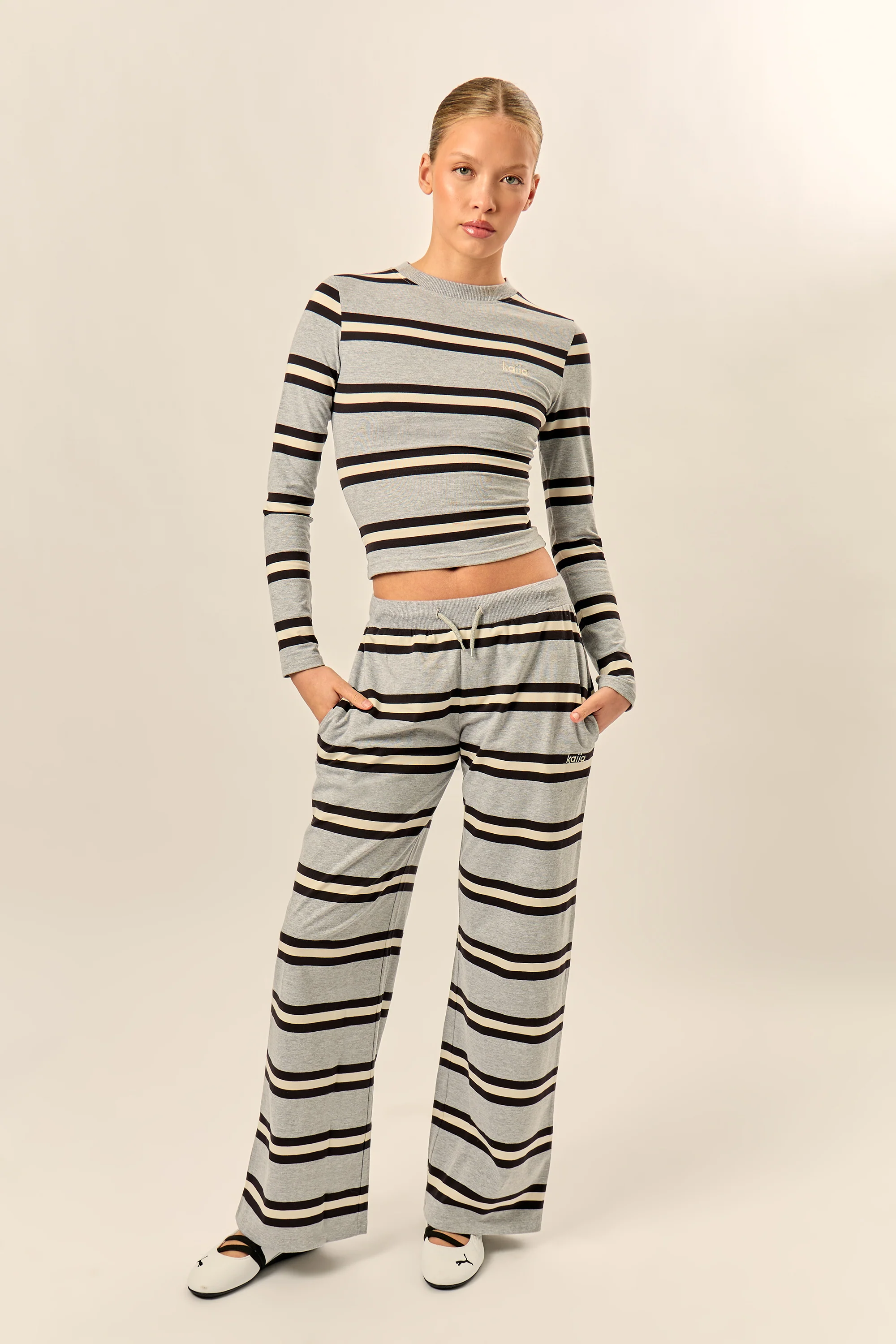 Kaiia Striped Long Sleeve Baby Tee Grey Marl, Cream & Black - Image 3