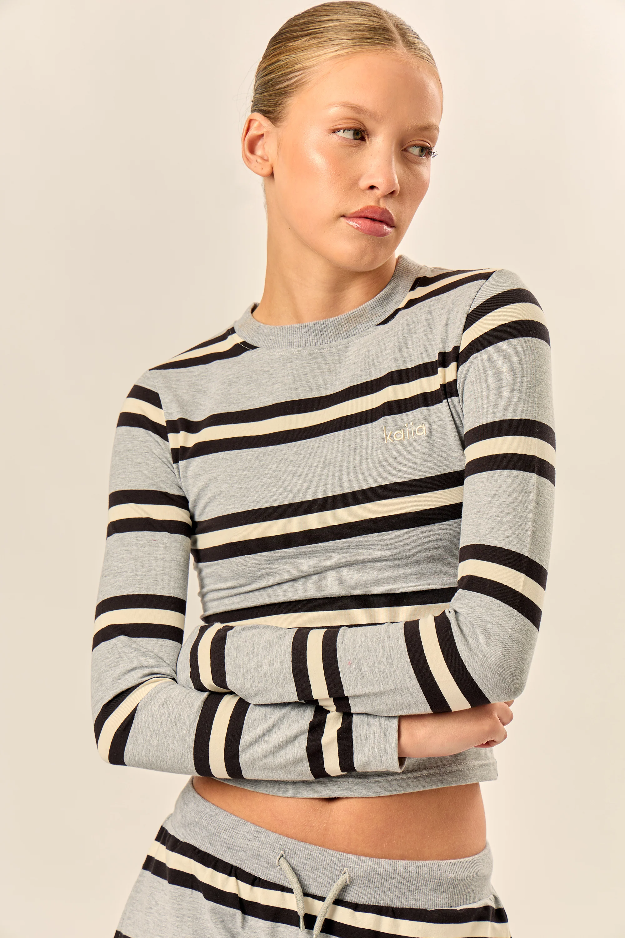 Kaiia Striped Long Sleeve Baby Tee Grey Marl, Cream & Black - Image 5