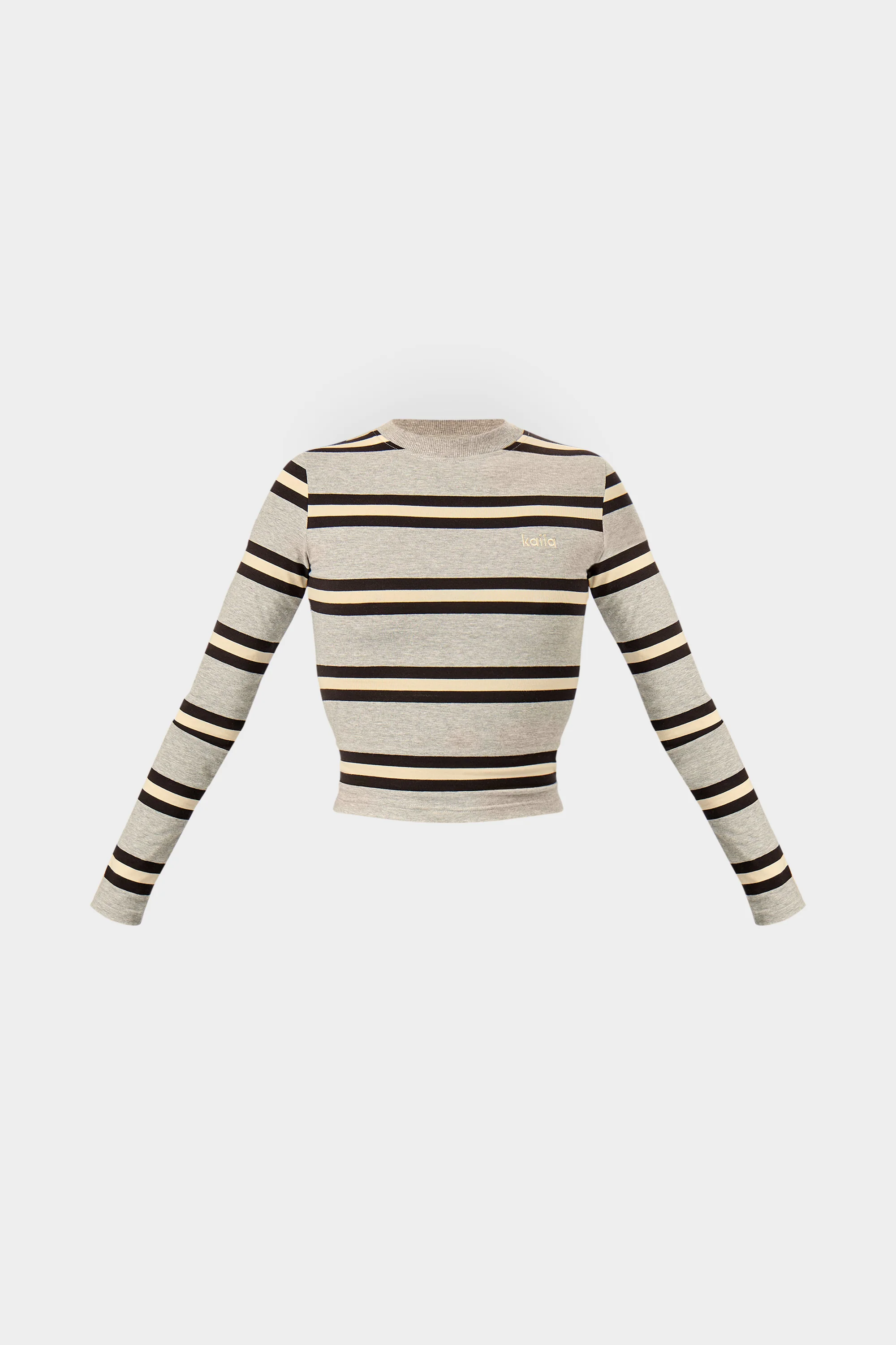 Kaiia Striped Long Sleeve Baby Tee Grey Marl, Cream & Black - Image 6