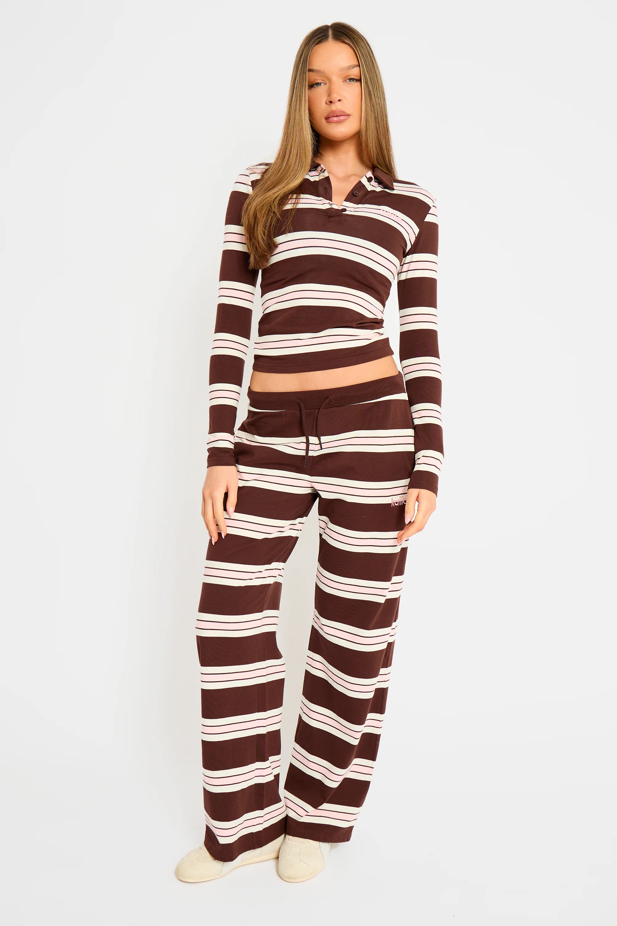 Kaiia Striped Long Sleeve Polo Top Brown, Pink & Cream - Image 3