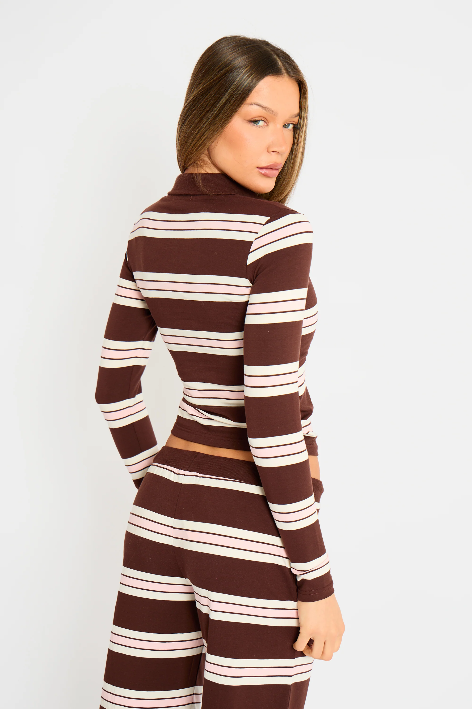 Kaiia Striped Long Sleeve Polo Top Brown, Pink & Cream - Image 4