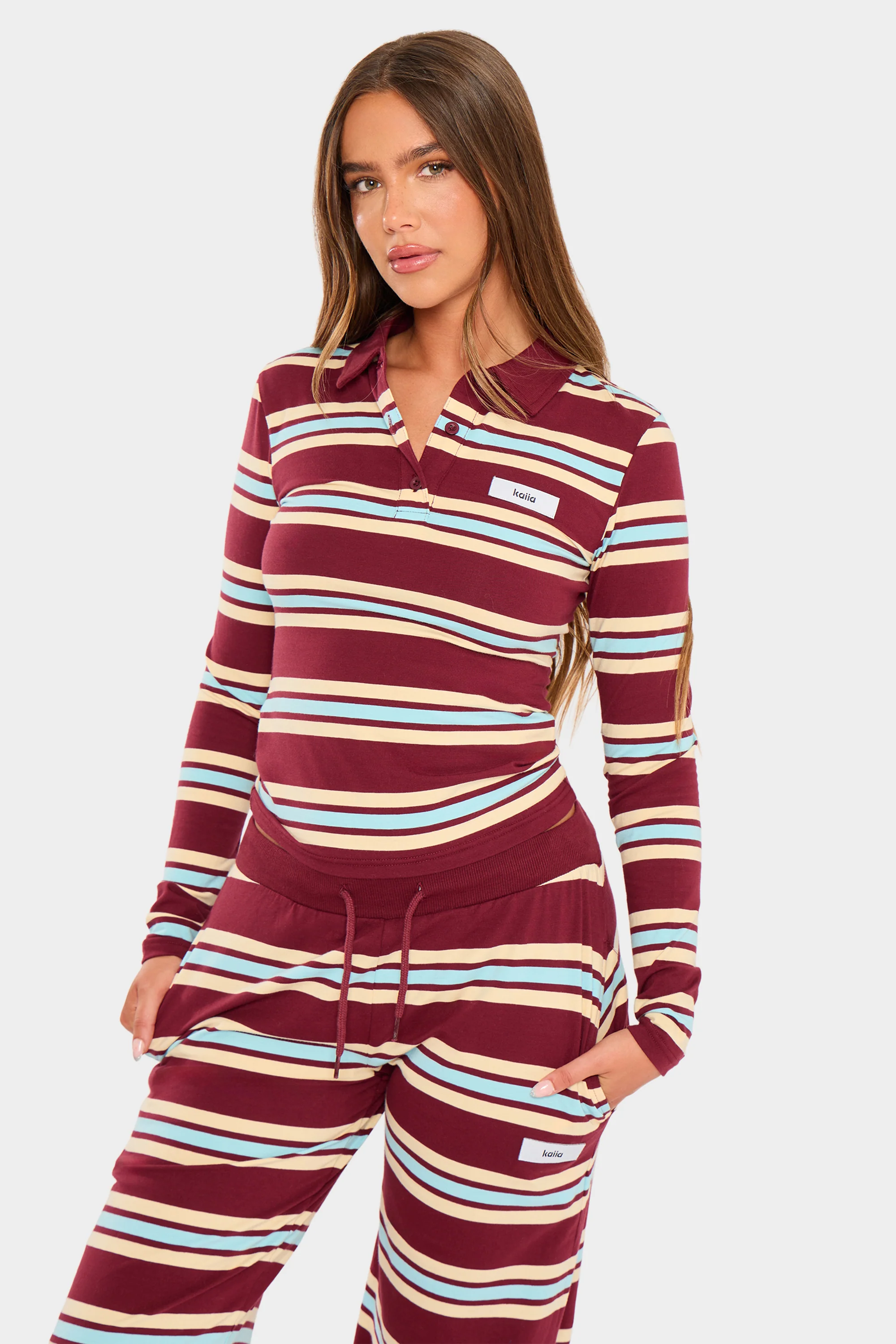 Kaiia Striped Label Logo Long Sleeve Polo Top Burgundy & Baby Blue - Image 5