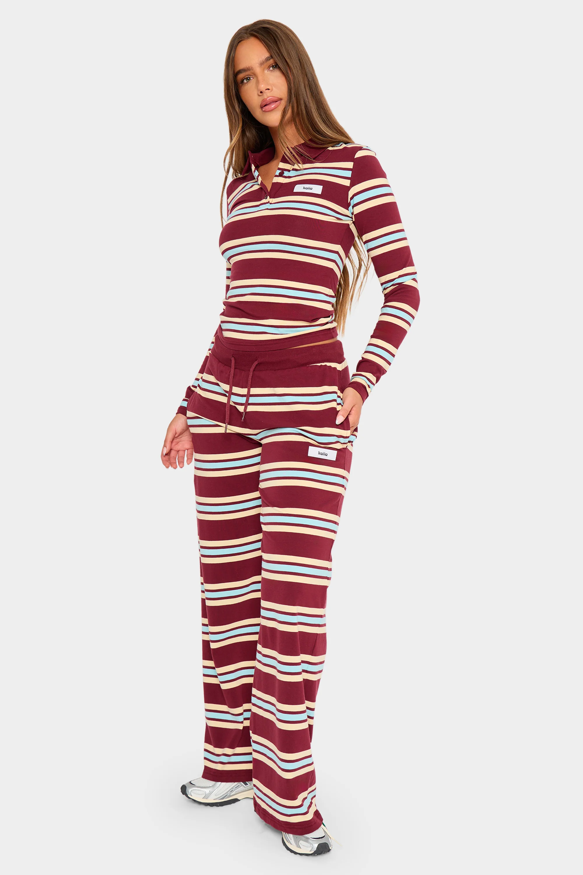 Kaiia Striped Label Logo Long Sleeve Polo Top Burgundy & Baby Blue - Image 7