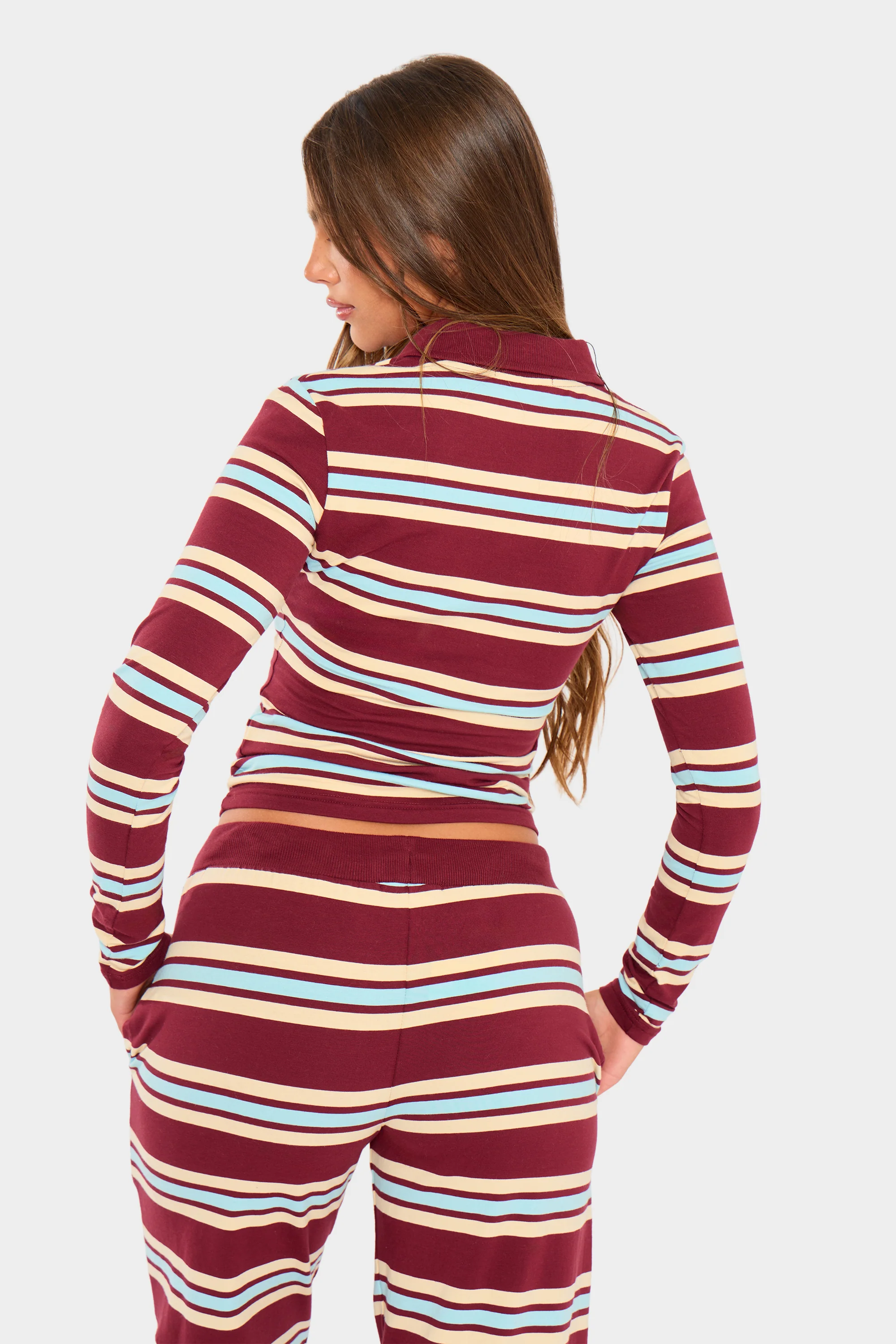 Kaiia Striped Label Logo Long Sleeve Polo Top Burgundy & Baby Blue - Image 8