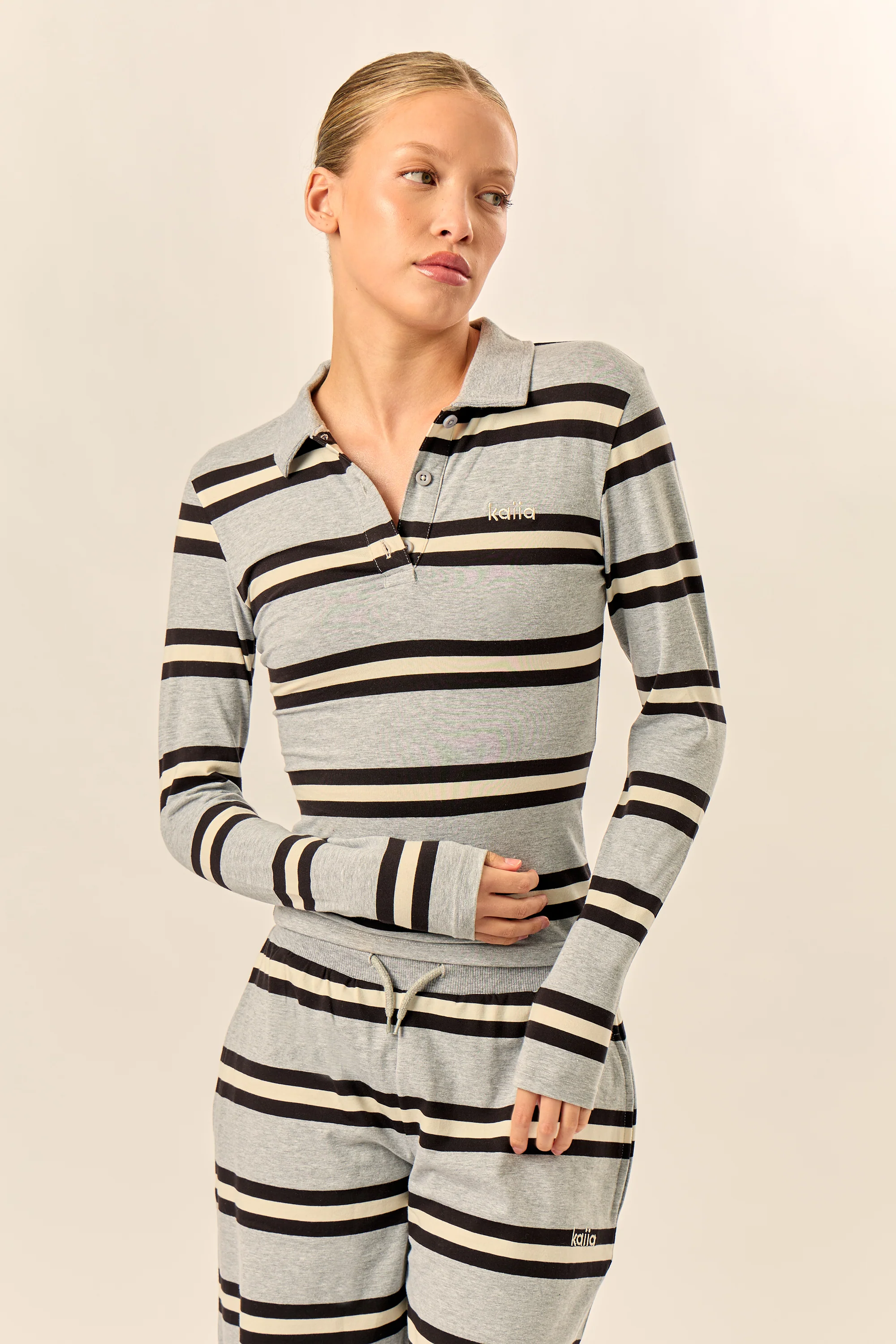 Kaiia Striped Long Sleeve Polo Top Grey Marl, Cream & Black