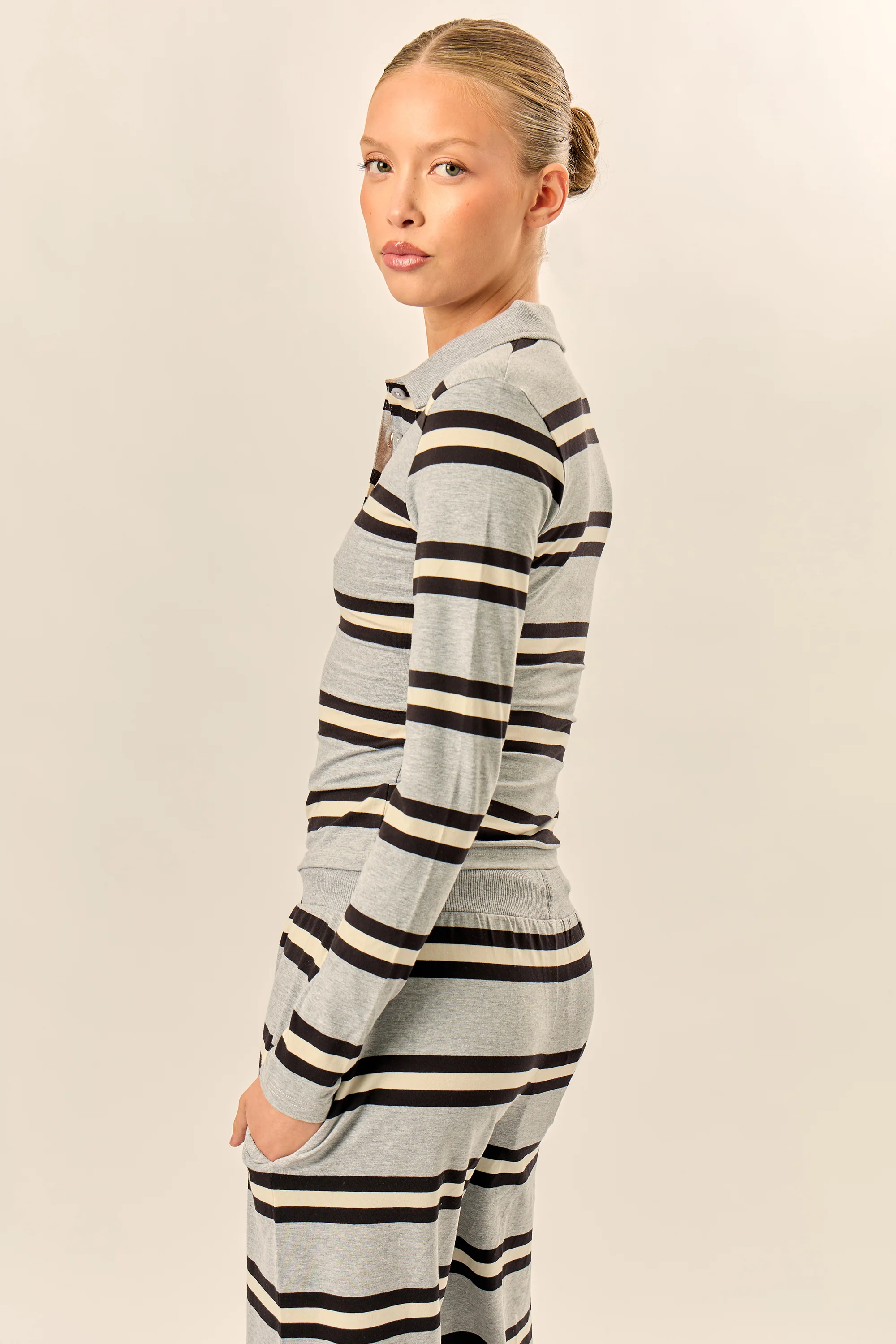 Kaiia Striped Long Sleeve Polo Top Grey Marl, Cream & Black - Image 4