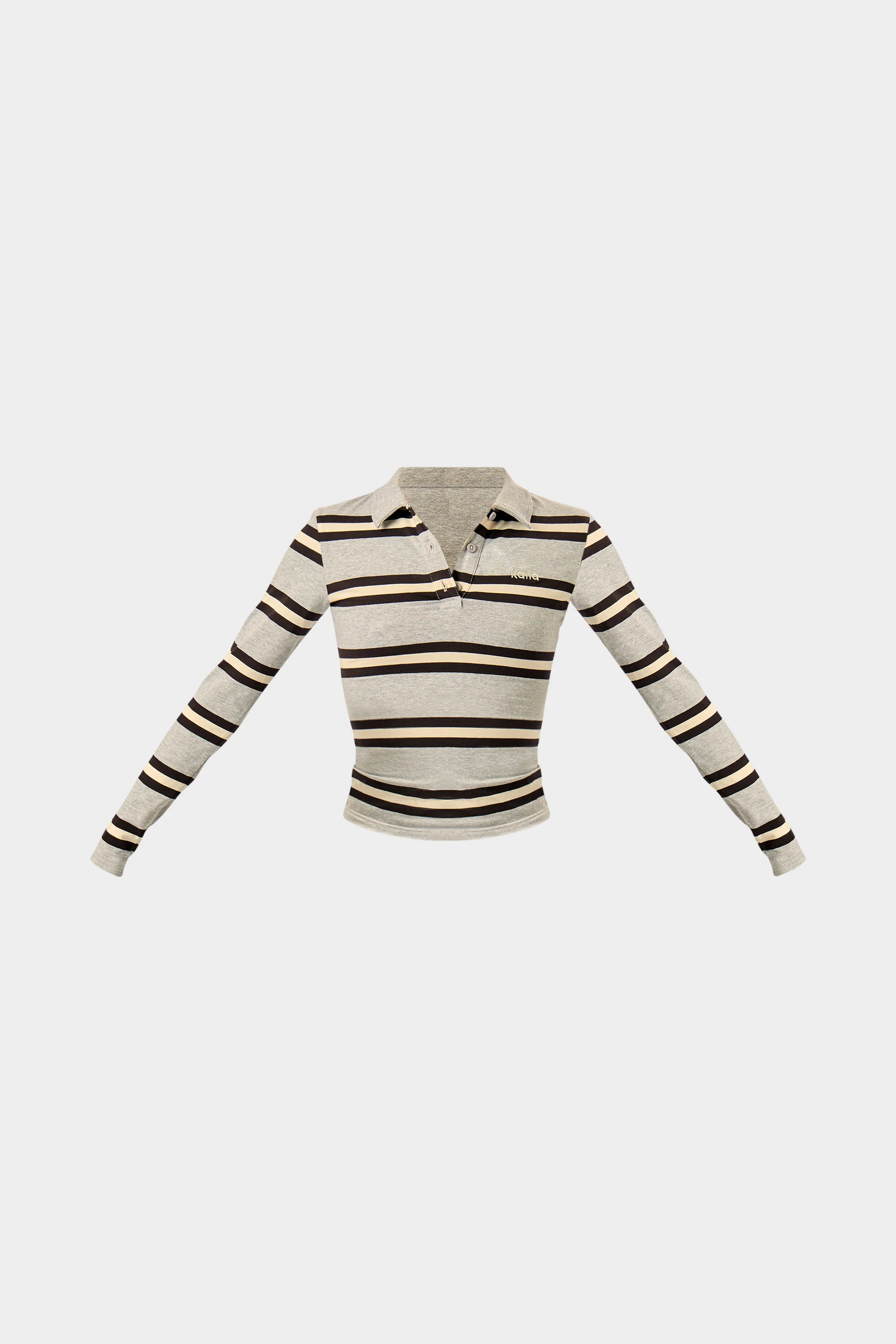 Kaiia Striped Long Sleeve Polo Top Grey Marl, Cream & Black - Image 5