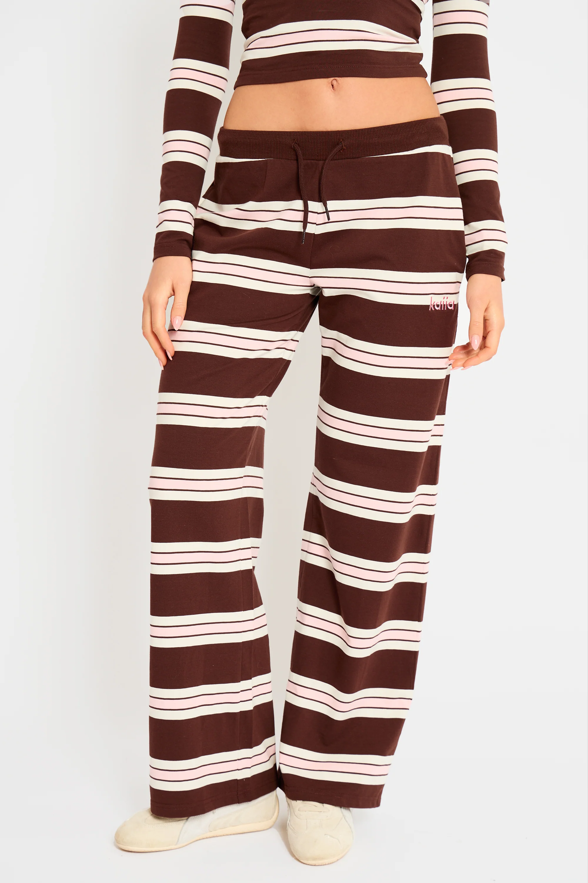 Kaiia Striped Wide Leg Trousers Brown, Pink & Cream - Image 3