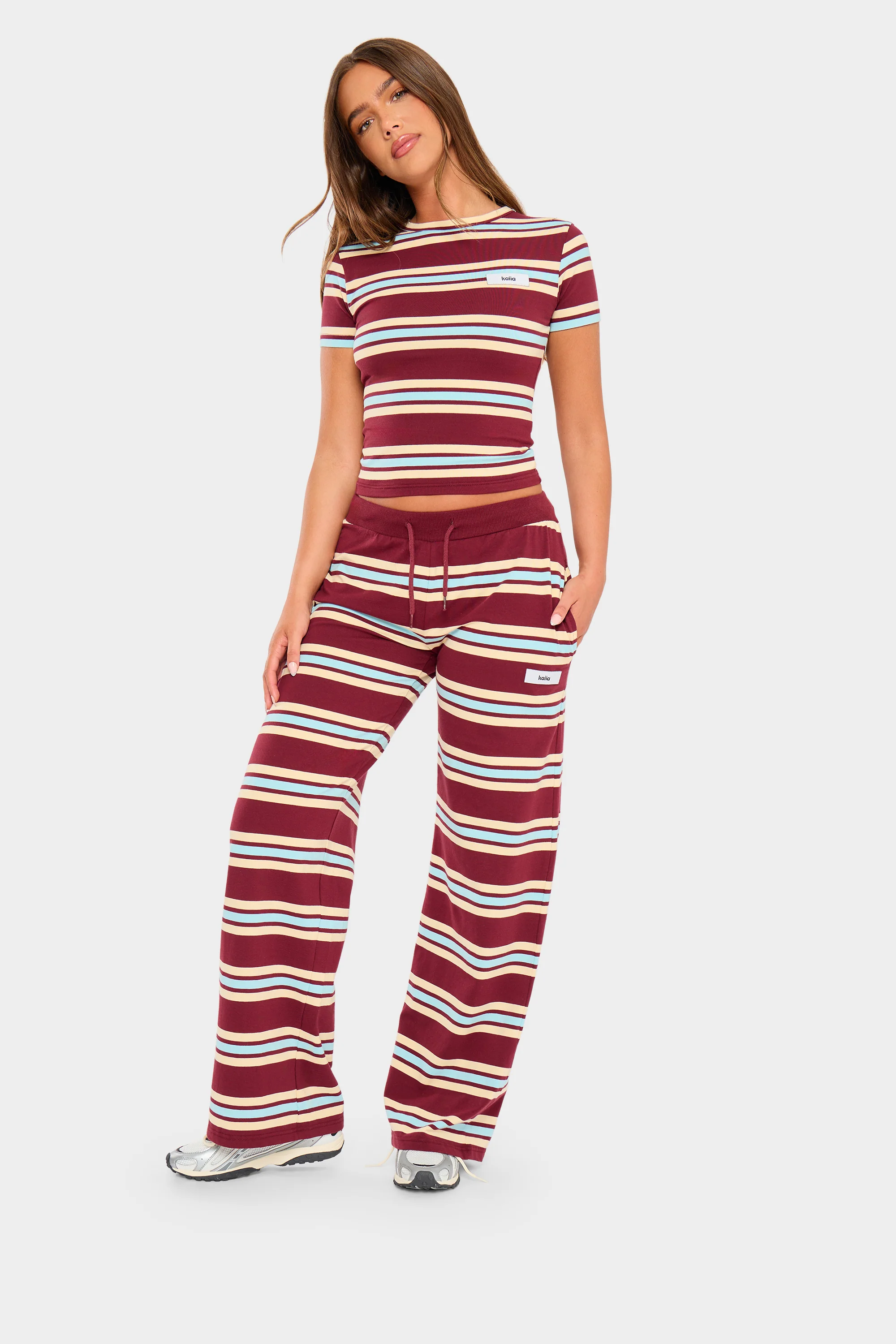 Kaiia Striped Label Logo Wide Leg Trousers Burgundy & Baby Blue - Image 4