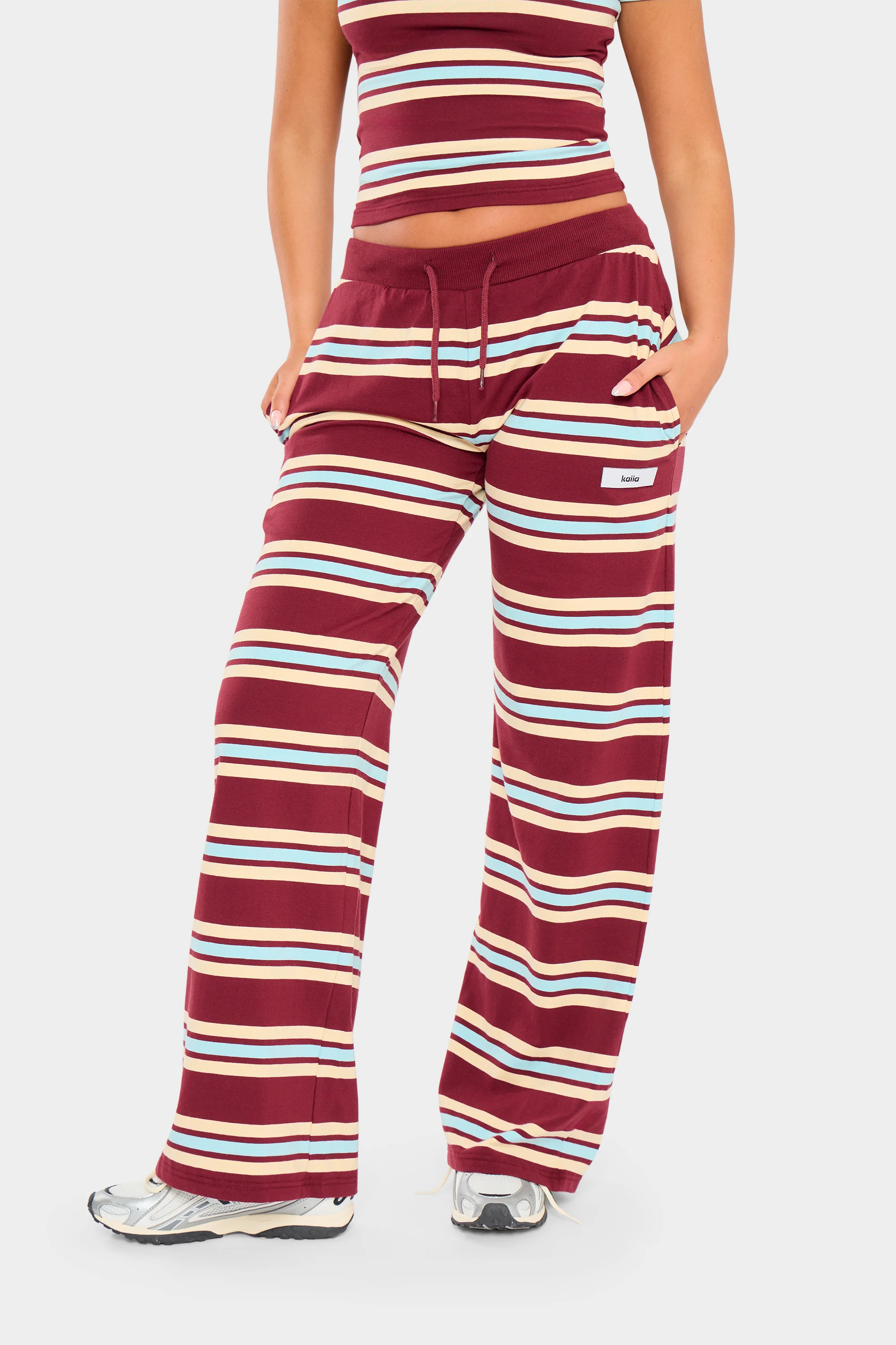 Kaiia Striped Label Logo Wide Leg Trousers Burgundy & Baby Blue - Image 5